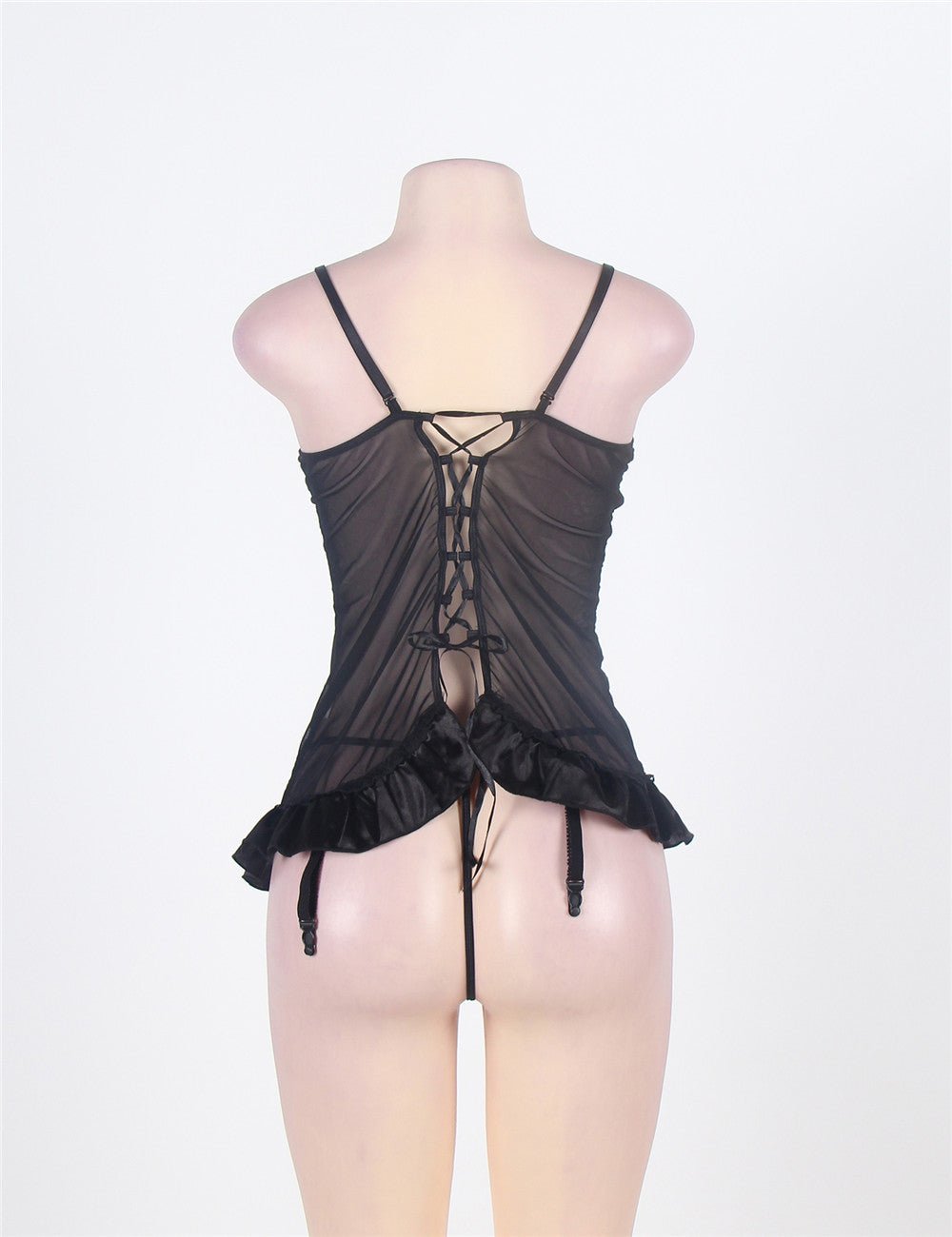 Black Embroidered Babydoll Lingerie Set – Underwire Cups, Criss - Cross Back Straps, Silk & Lace & Ruffled Hem - TeaseFashion