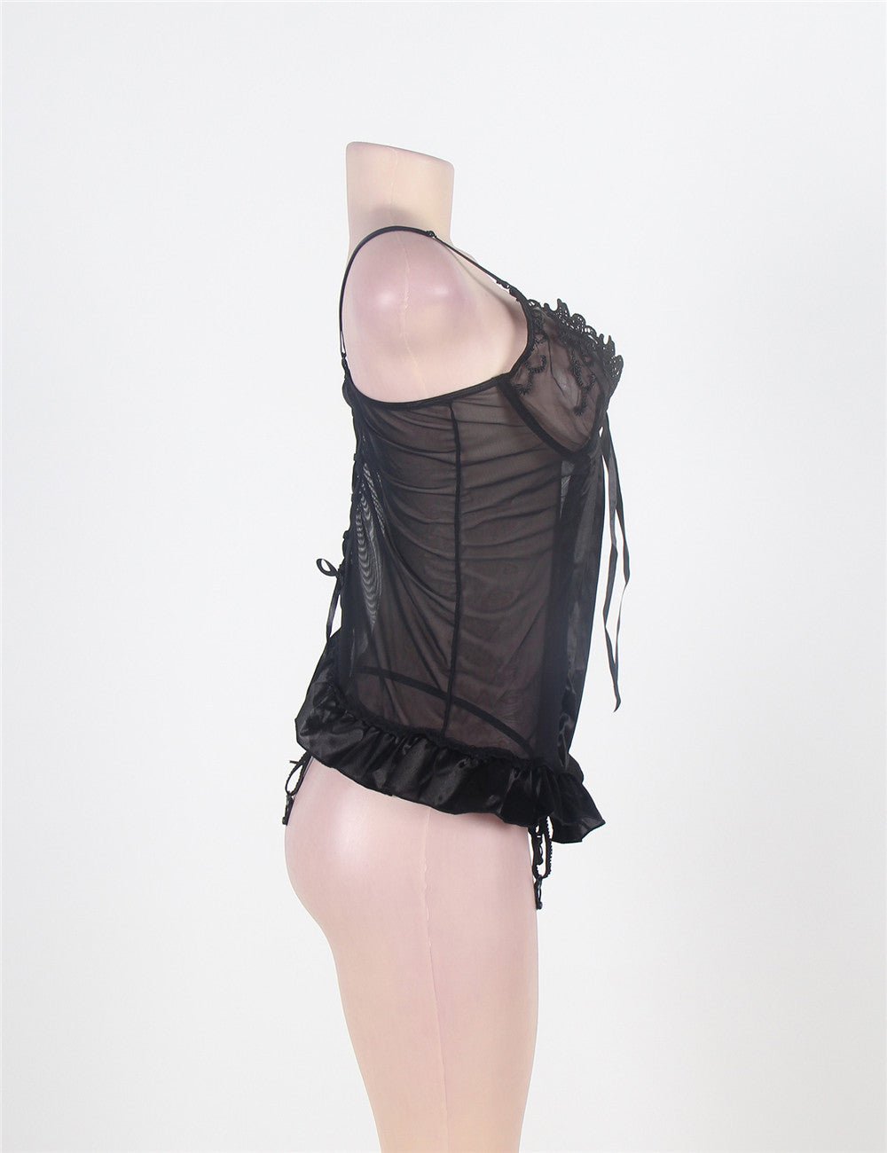 Black Embroidered Babydoll Lingerie Set – Underwire Cups, Criss - Cross Back Straps, Silk & Lace & Ruffled Hem - TeaseFashion