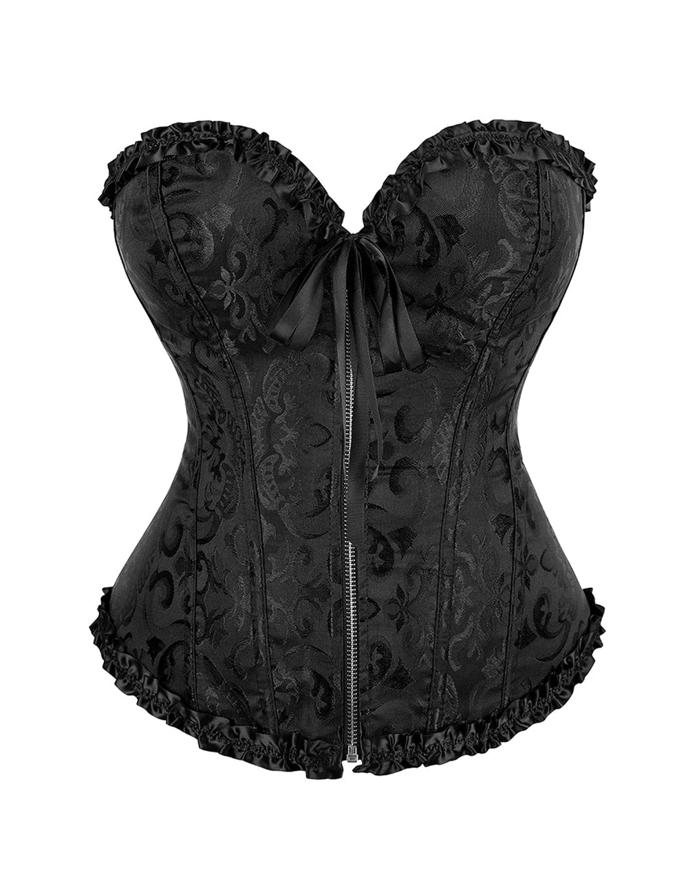 Black Embroidered Corset with Front Zipper & Ribbon Trim - TeaseFashion