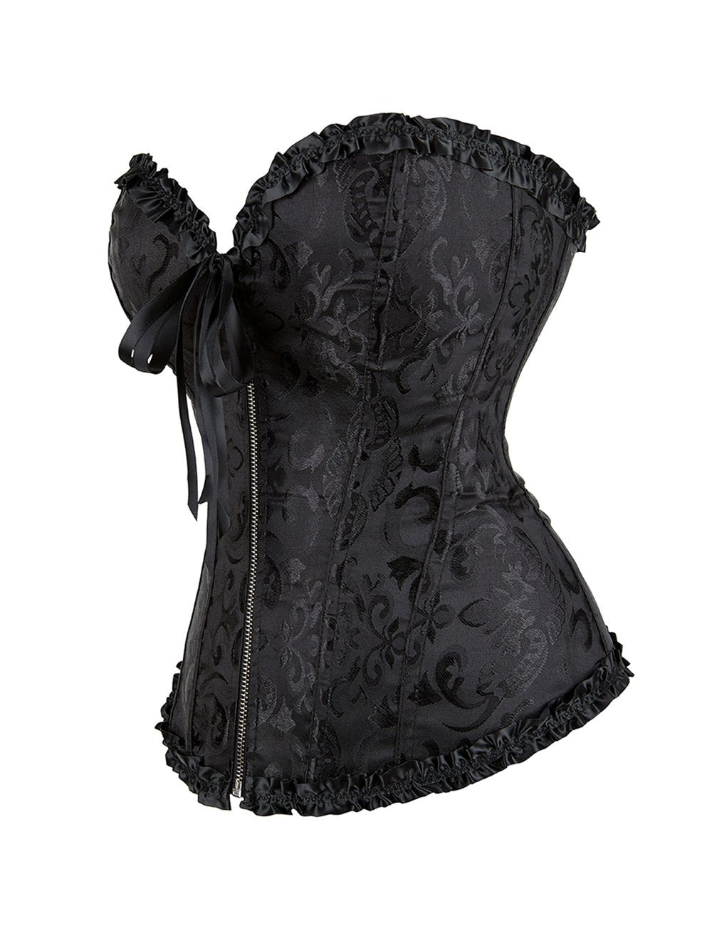 Black Embroidered Corset with Front Zipper & Ribbon Trim - TeaseFashion