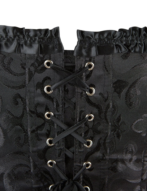 Black Embroidered Corset with Front Zipper & Ribbon Trim - TeaseFashion