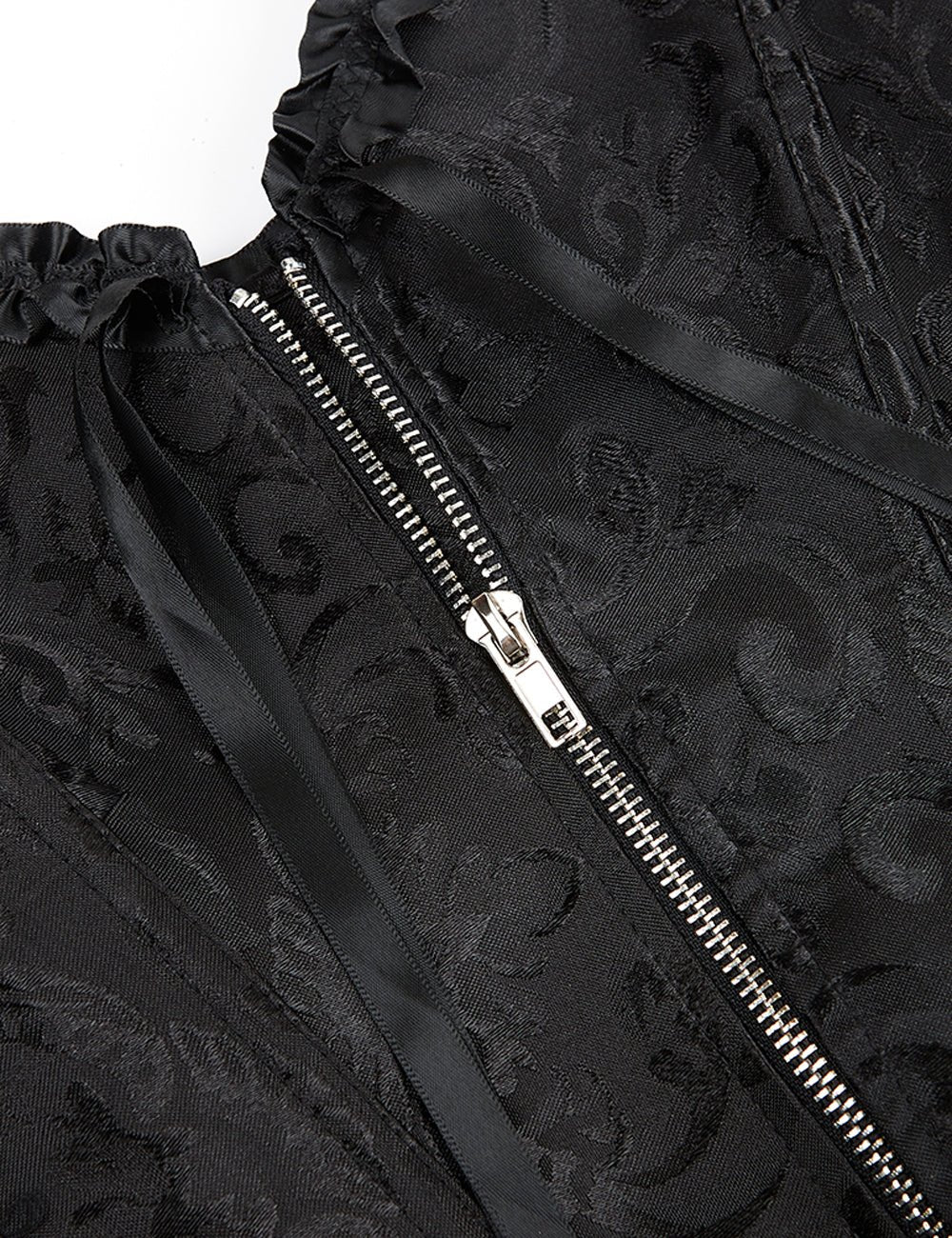 Black Embroidered Corset with Front Zipper & Ribbon Trim - TeaseFashion