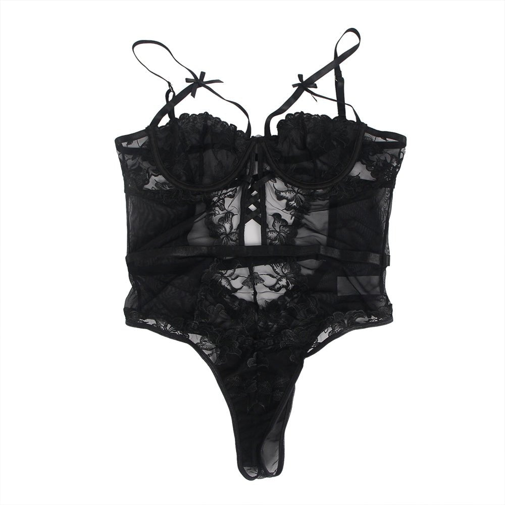 Black Embroidered Mesh Bodysuit – Steel Ring Bra, 3D Embroidery, Crisscross Body & Deep V Back - TeaseFashion