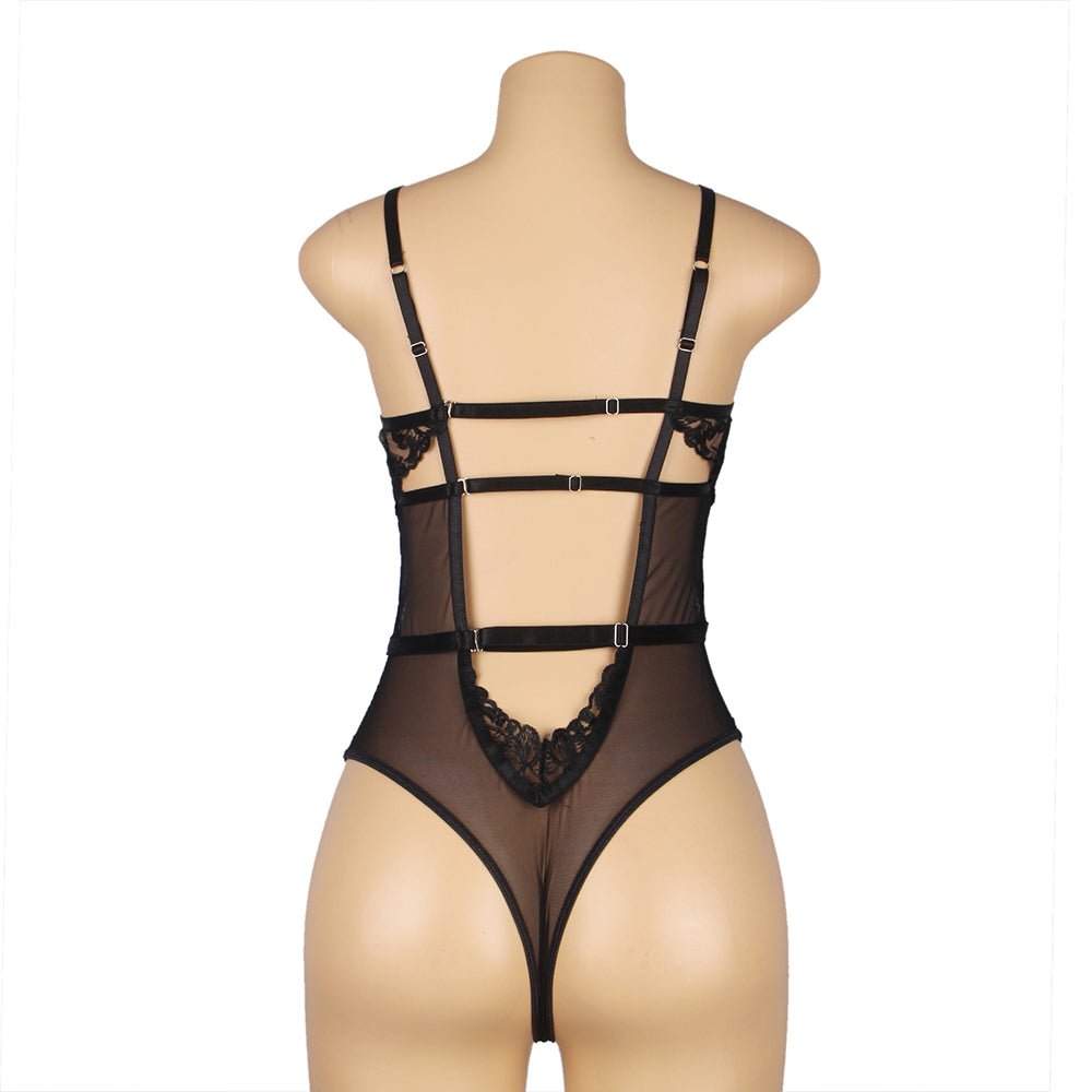 Black Embroidered Mesh Bodysuit – Steel Ring Bra, 3D Embroidery, Crisscross Body & Deep V Back - TeaseFashion