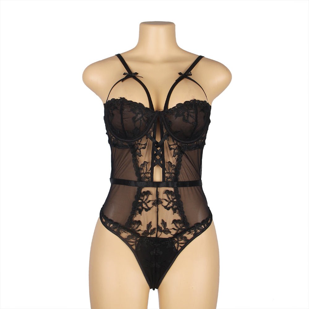 Black Embroidered Mesh Bodysuit – Steel Ring Bra, 3D Embroidery, Crisscross Body & Deep V Back - TeaseFashion