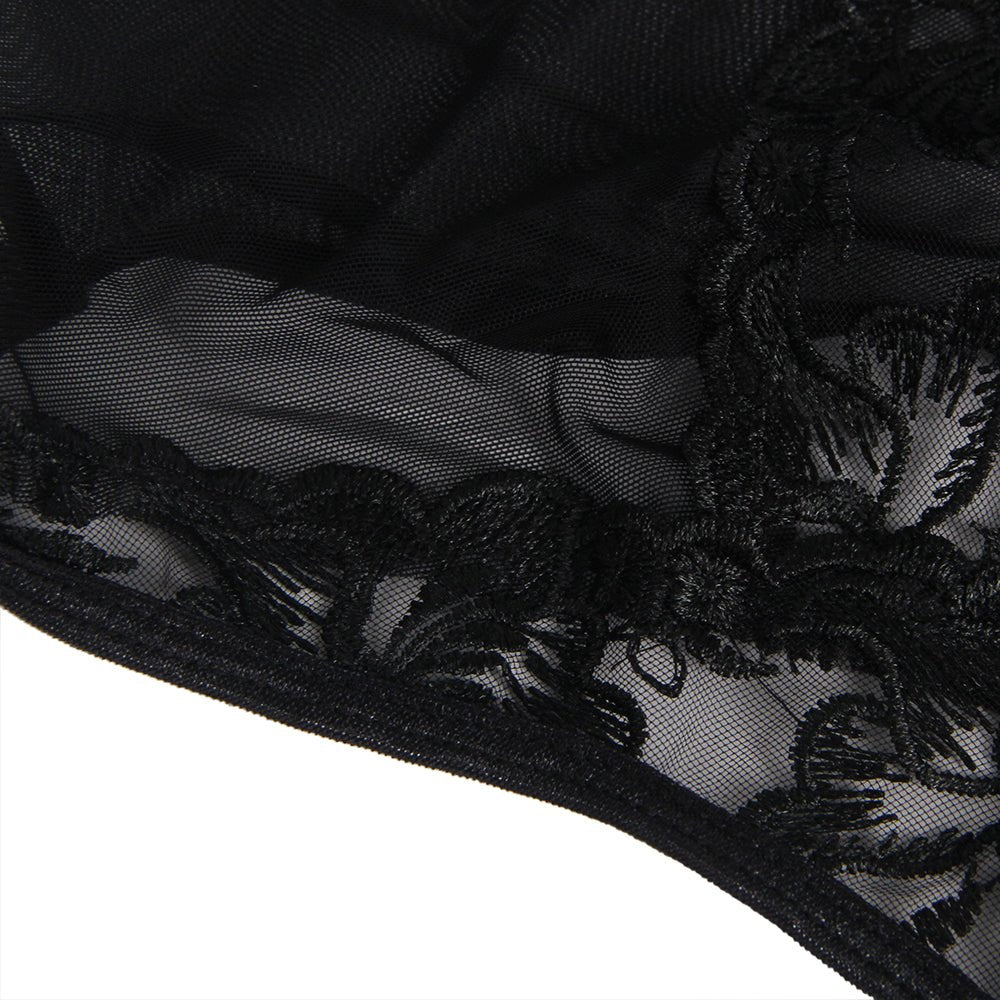 Black Embroidered Mesh Bodysuit – Steel Ring Bra, 3D Embroidery, Crisscross Body & Deep V Back - TeaseFashion