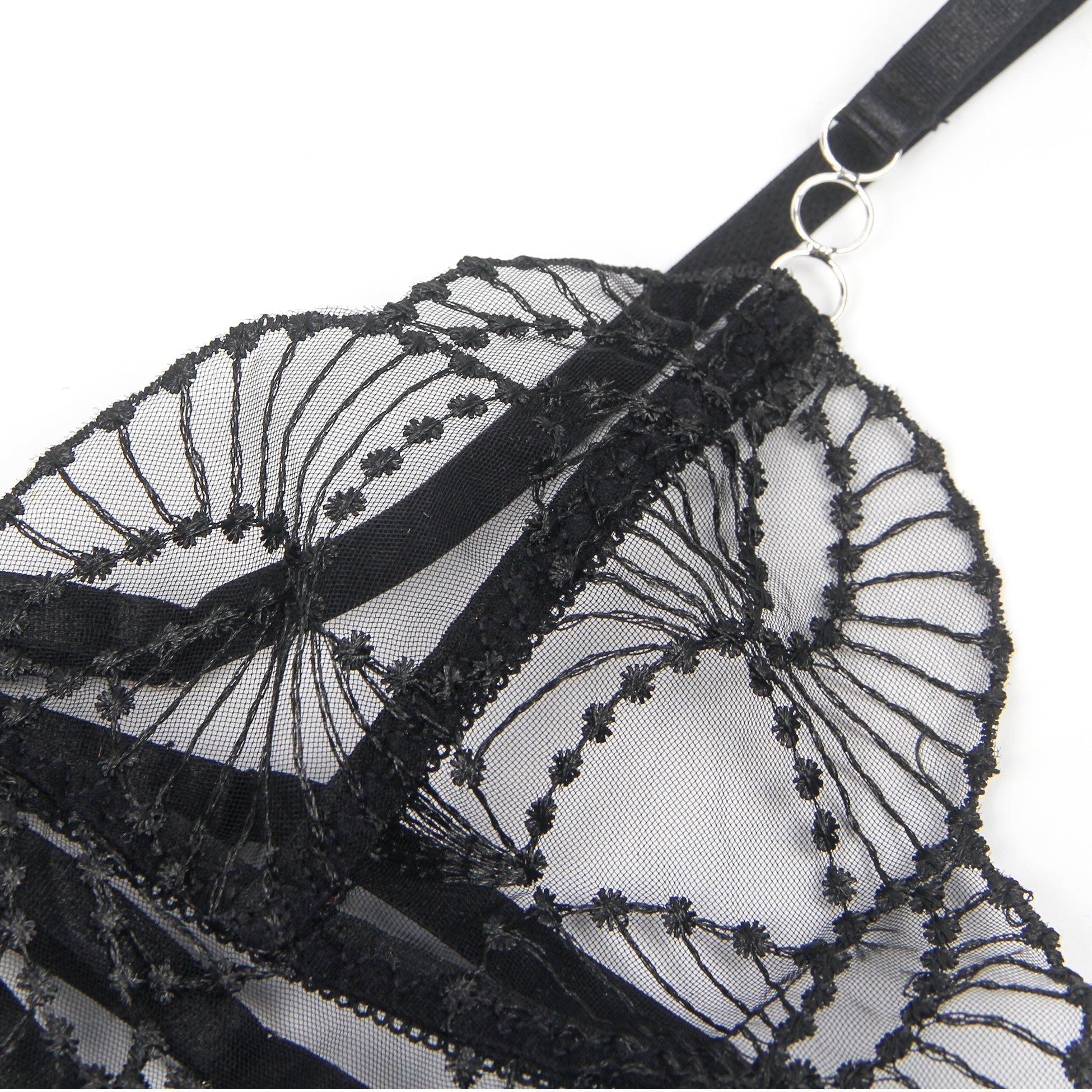 Black Embroidered Mesh Teddy – Deep V, Hollow Front & Open Back - TeaseFashion