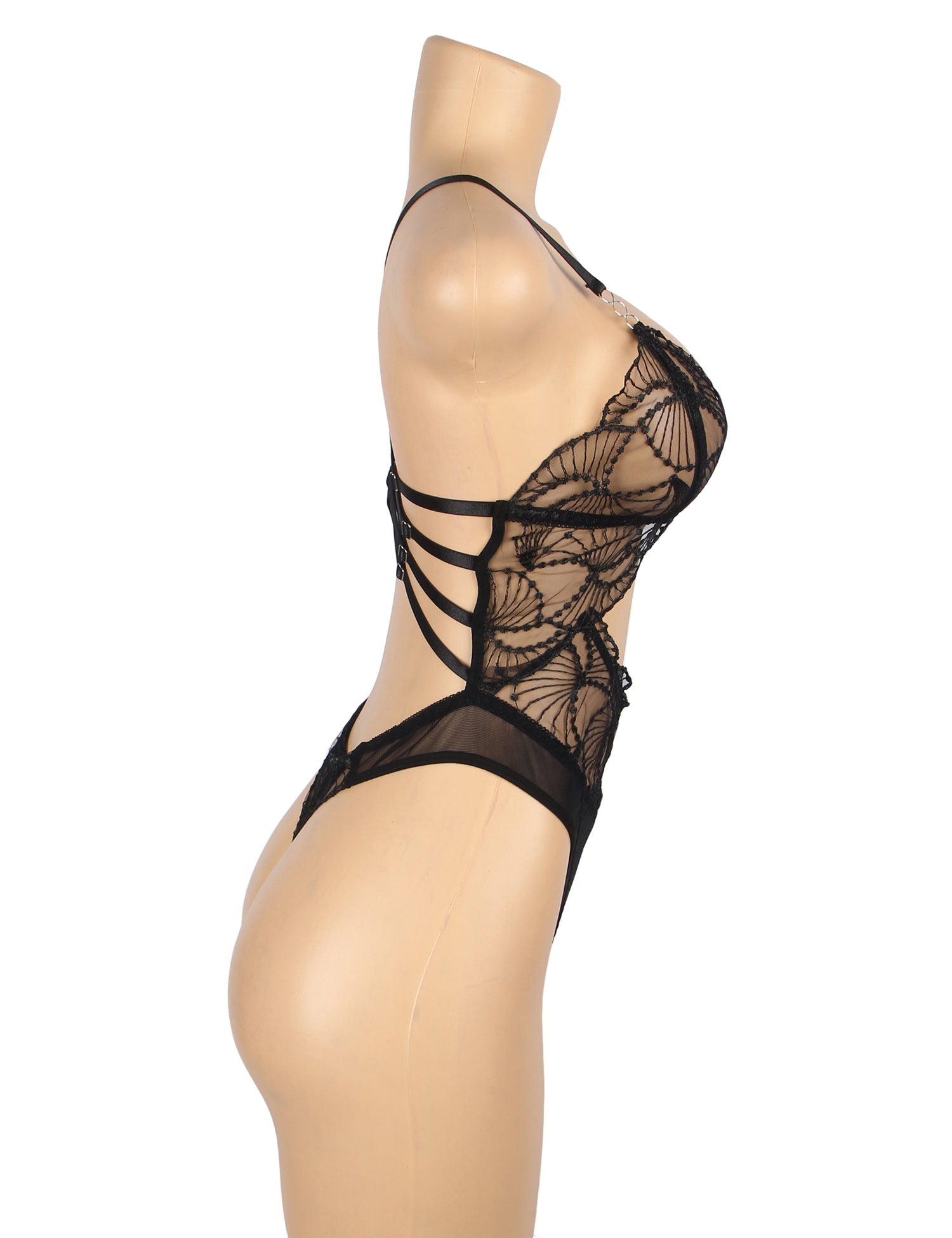 Black Embroidered Mesh Teddy – Deep V, Hollow Front & Open Back - TeaseFashion