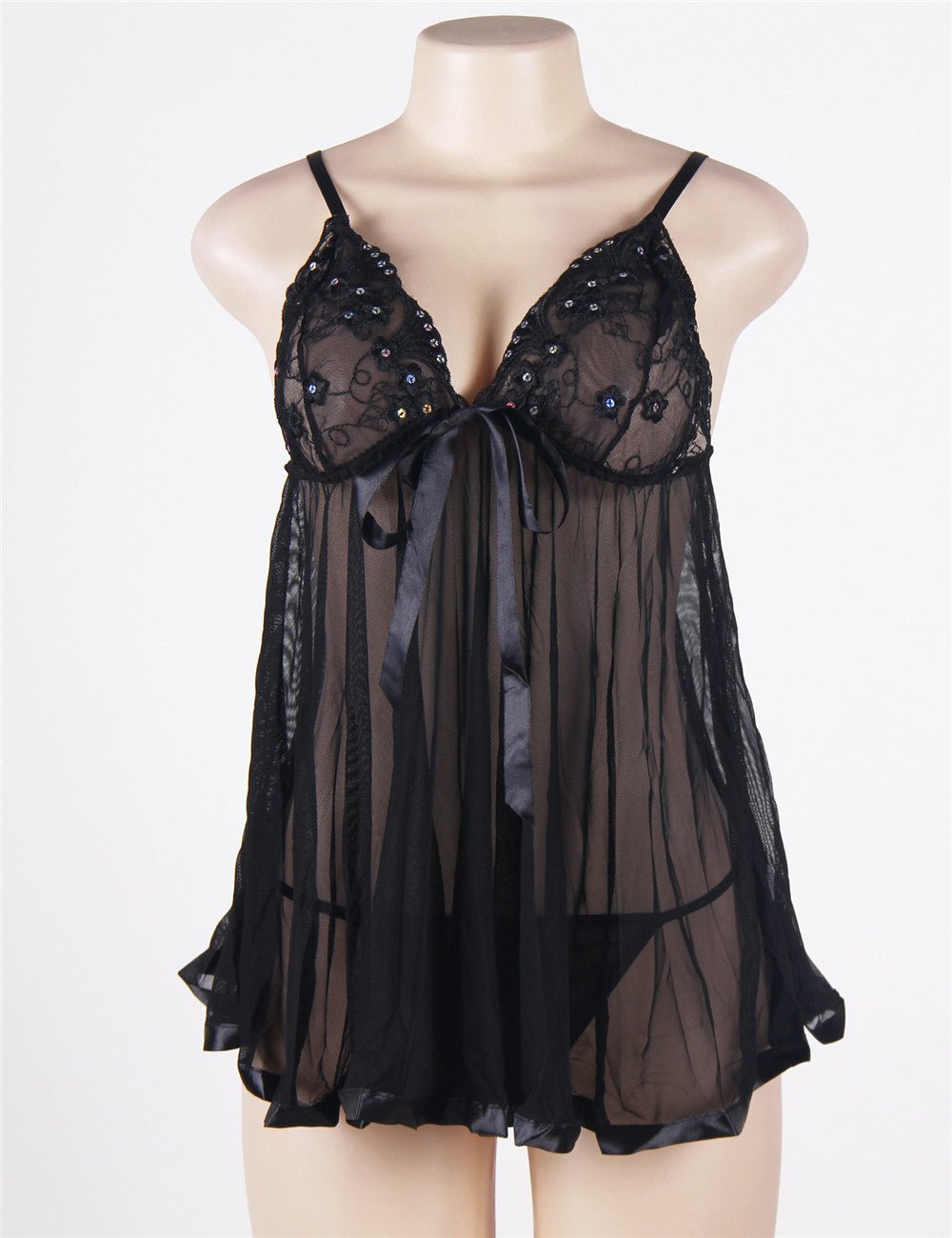 Black Embroidered Sequin Mesh Babydoll Nightdress – Semi - Transparent, Adjustable Straps & Matching Thong Included - TeaseFashion