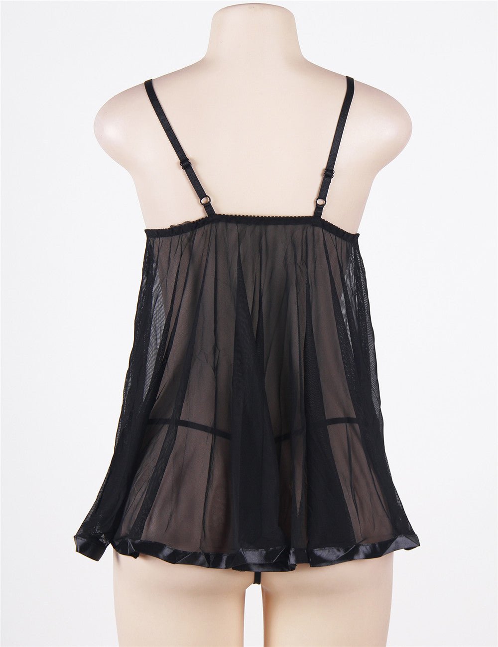 Black Embroidered Sequin Mesh Babydoll Nightdress – Semi - Transparent, Adjustable Straps & Matching Thong Included - TeaseFashion
