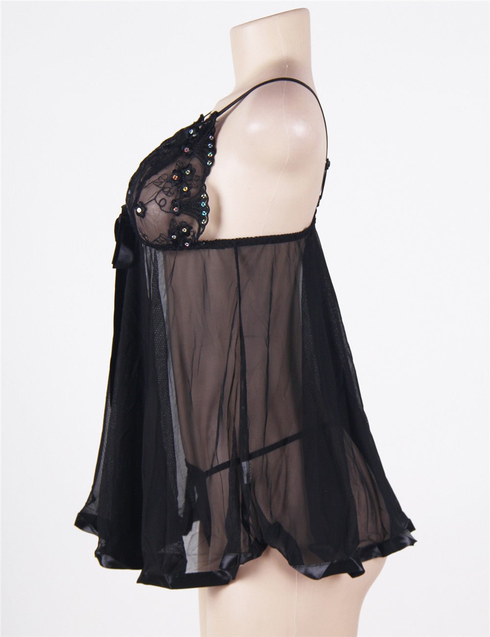 Black Embroidered Sequin Mesh Babydoll Nightdress – Semi - Transparent, Adjustable Straps & Matching Thong Included - TeaseFashion