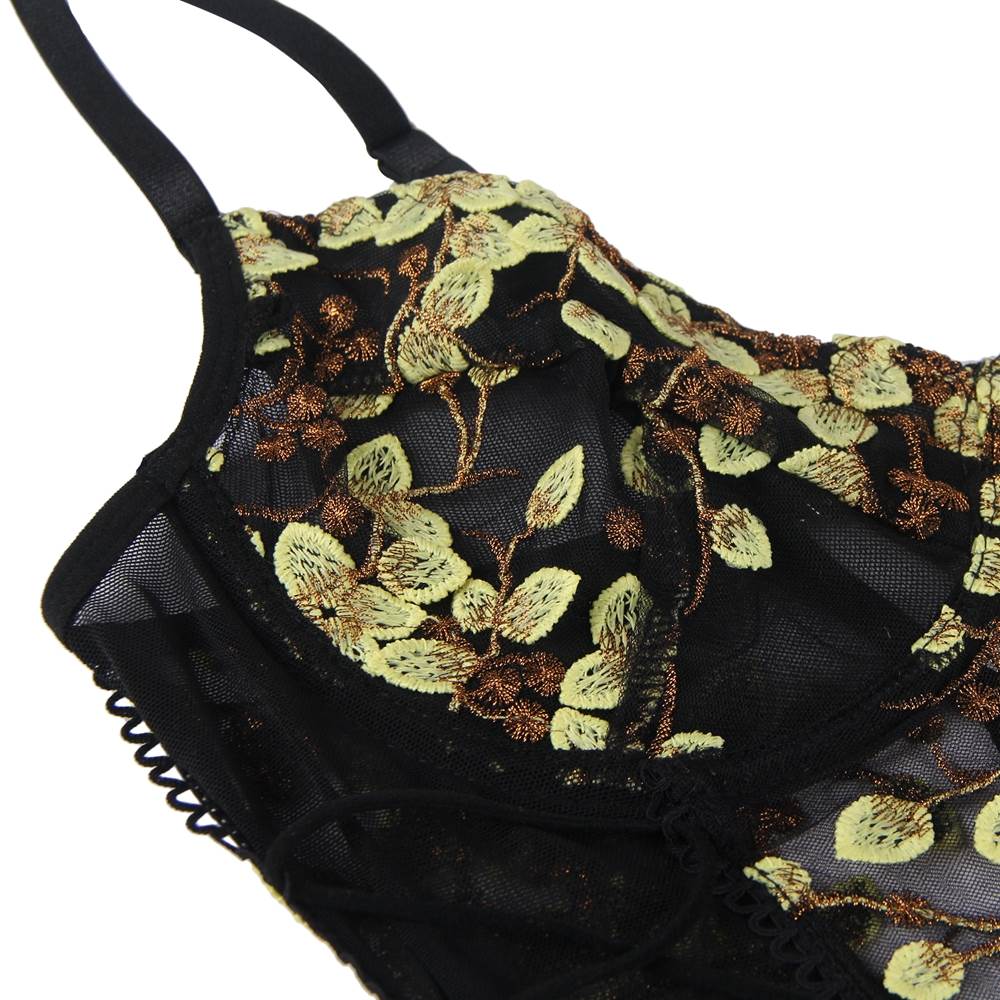 Black Embroidery Mesh Teddy – Underwire & Criss - Cross Waistband - TeaseFashion