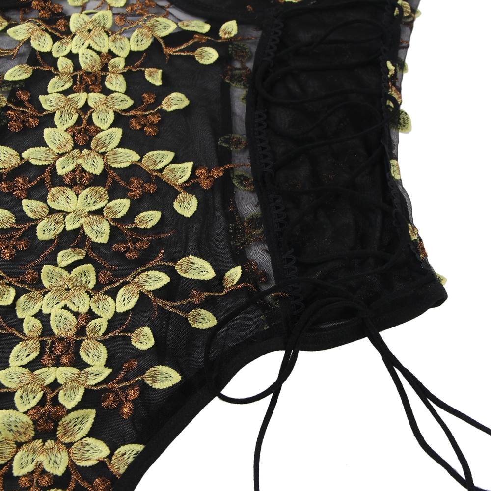 Black Embroidery Mesh Teddy – Underwire & Criss - Cross Waistband - TeaseFashion