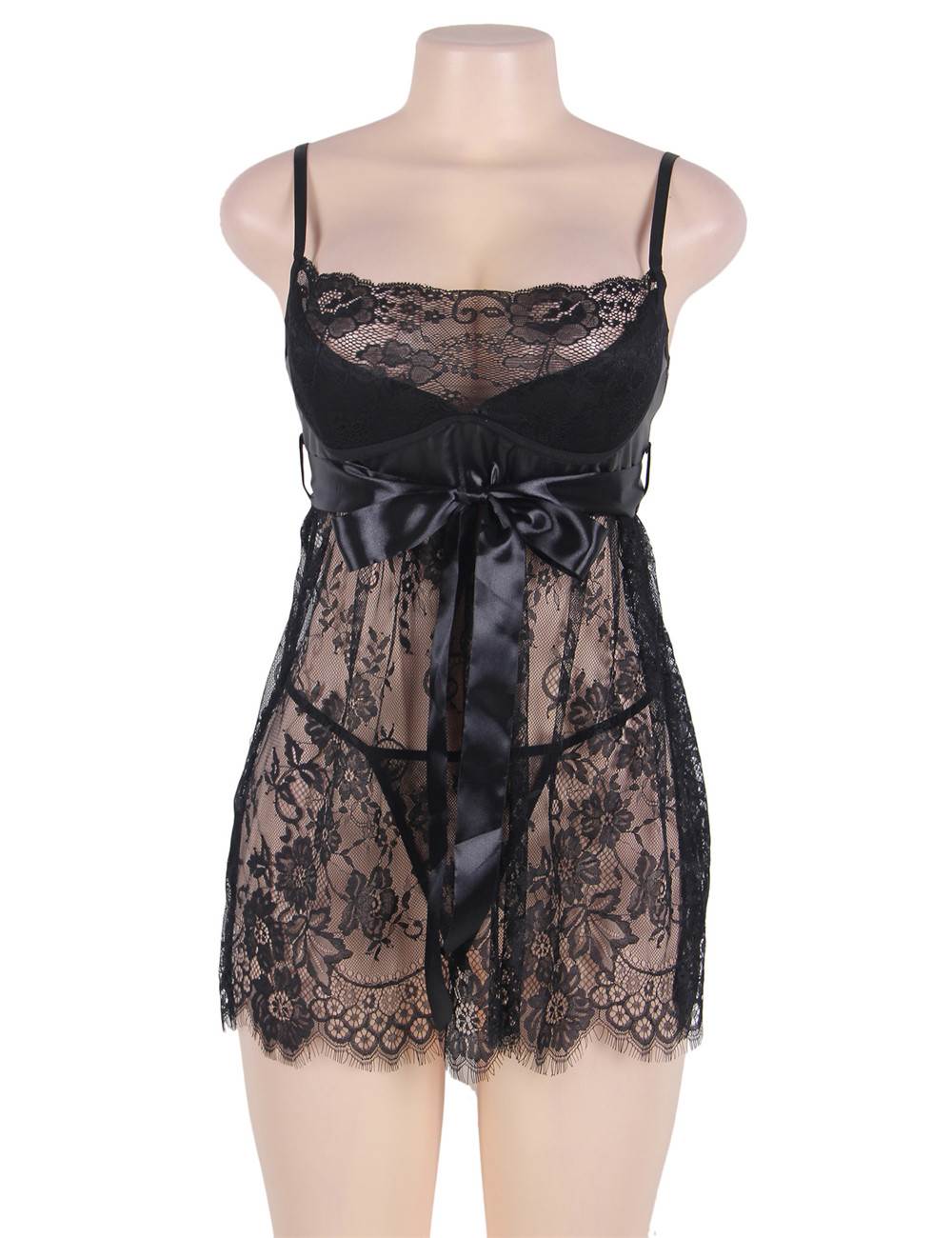 Black Eyelash Lace Babydoll – Gloss Ribbon Bow, Wave Hem, Adjustable Waist & Straps - TeaseFashion