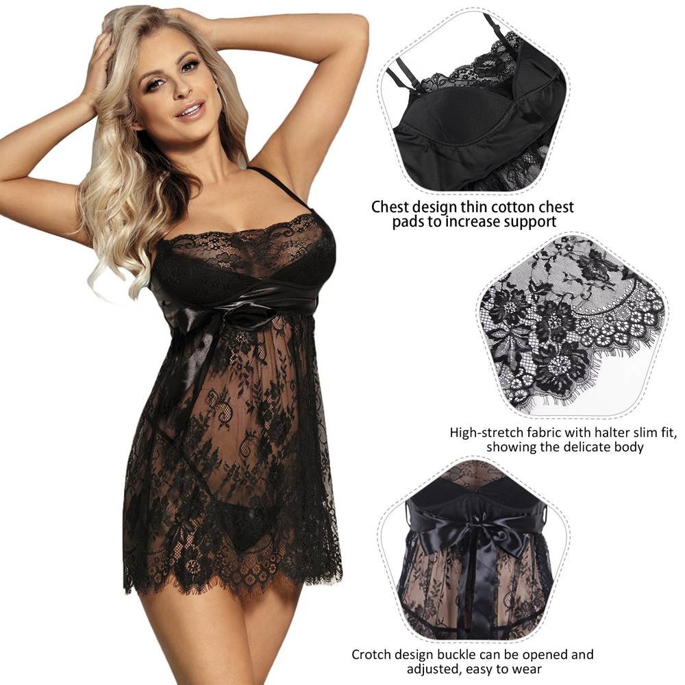 Black Eyelash Lace Babydoll – Gloss Ribbon Bow, Wave Hem, Adjustable Waist & Straps - TeaseFashion