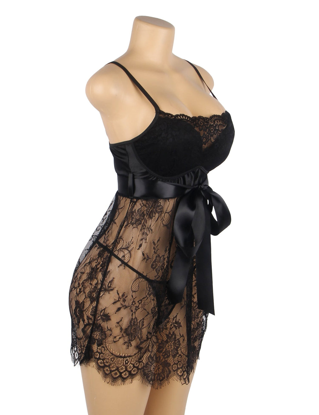 Black Eyelash Lace Babydoll with Padded Cups, Wave Hem, Underbust Ribbon Bow & T - Back Set - TeaseFashion