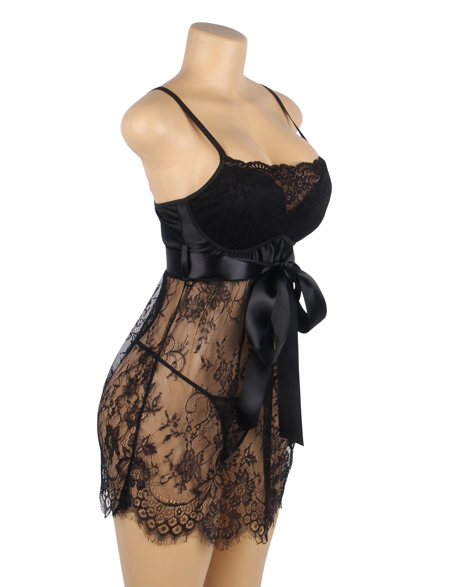 Black Eyelash Lace Babydoll with Padded Cups, Wave Hem, Underbust Ribbon Bow & T - Back Set - TeaseFashion