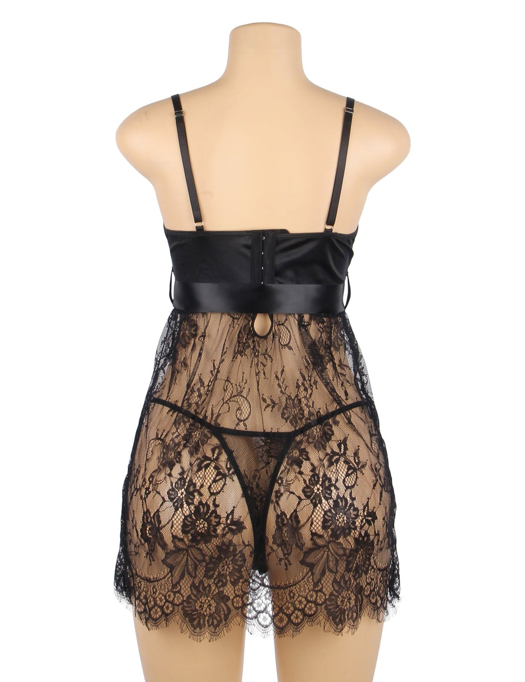Black Eyelash Lace Babydoll with Padded Cups, Wave Hem, Underbust Ribbon Bow & T - Back Set - TeaseFashion