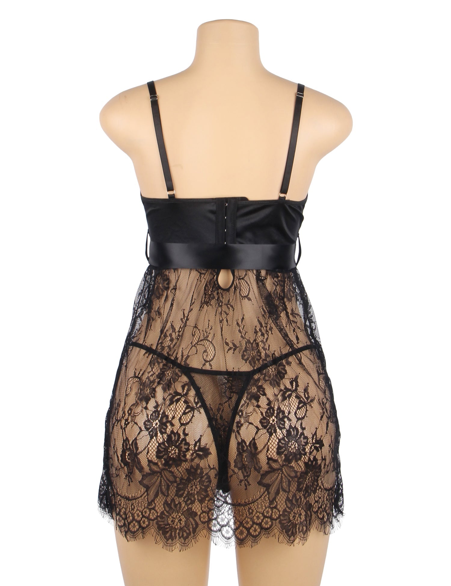 Black Eyelash Lace Babydoll with Padded Cups, Wave Hem, Underbust Ribbon Bow & T - Back Set - TeaseFashion
