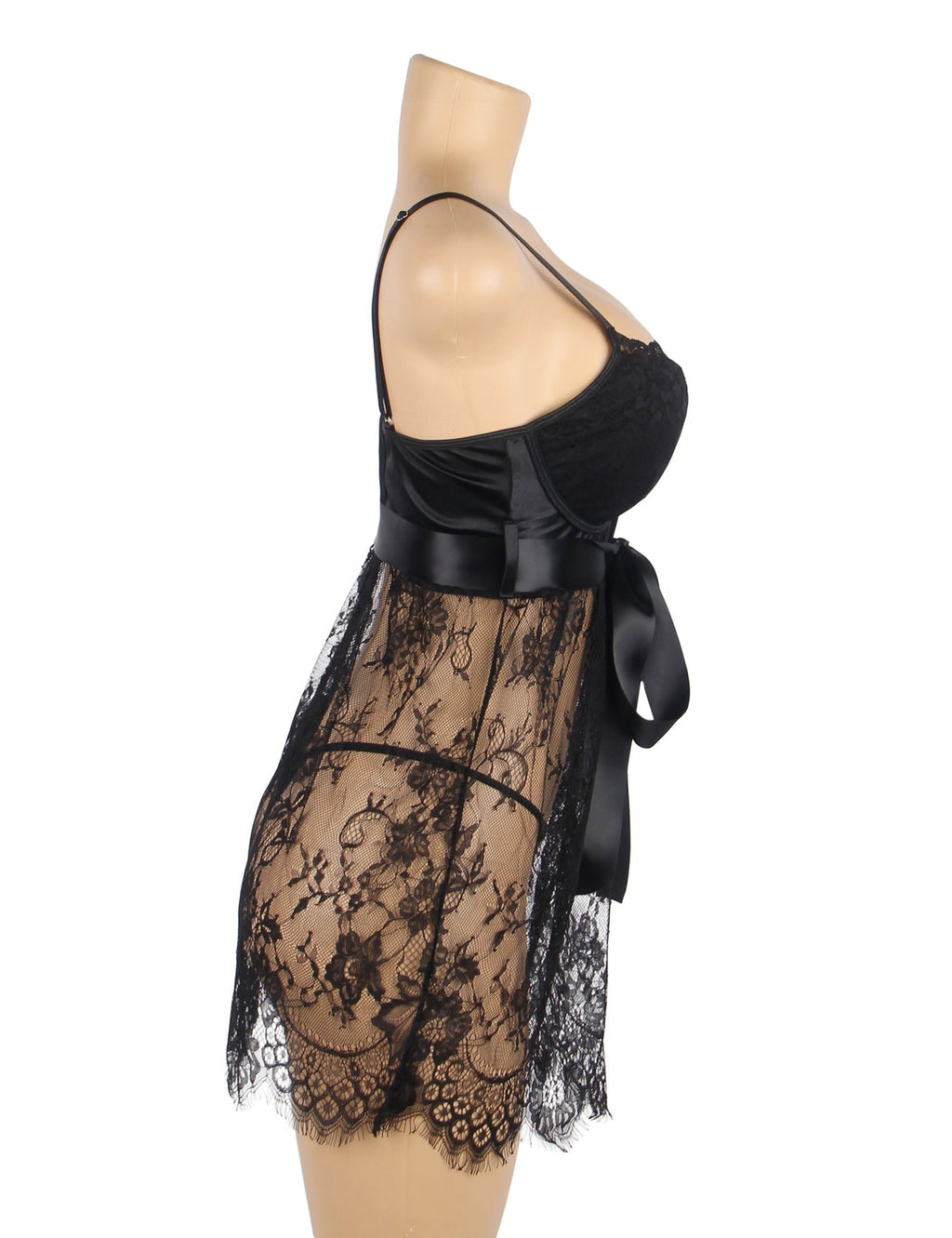 Black Eyelash Lace Babydoll with Padded Cups, Wave Hem, Underbust Ribbon Bow & T - Back Set - TeaseFashion
