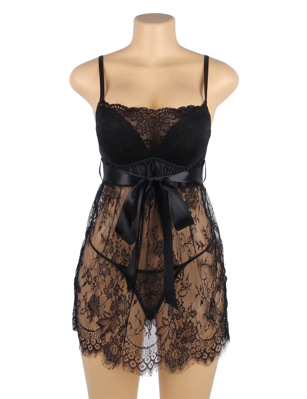 Black Eyelash Lace Babydoll with Padded Cups, Wave Hem, Underbust Ribbon Bow & T - Back Set - TeaseFashion