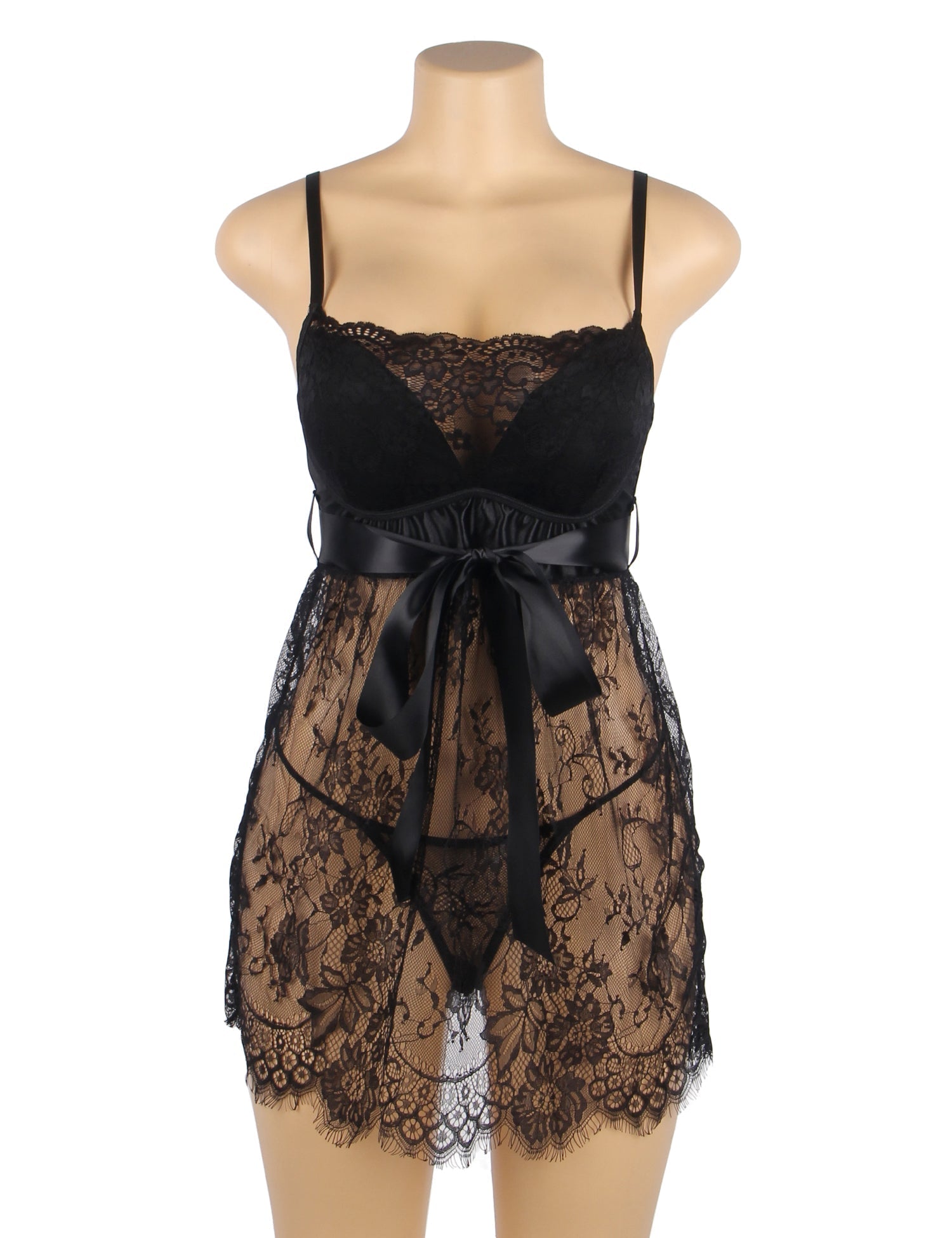 Black Eyelash Lace Babydoll with Padded Cups, Wave Hem, Underbust Ribbon Bow & T - Back Set - TeaseFashion