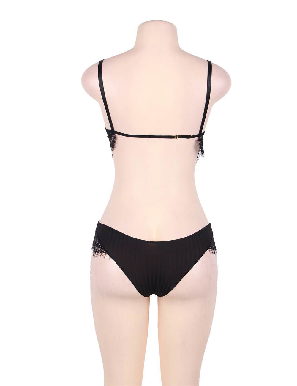 Black Eyelash Lace Bralette Set – Steel Ring Band, Adjustable Straps & Hook - and - Eye Clasp - TeaseFashion
