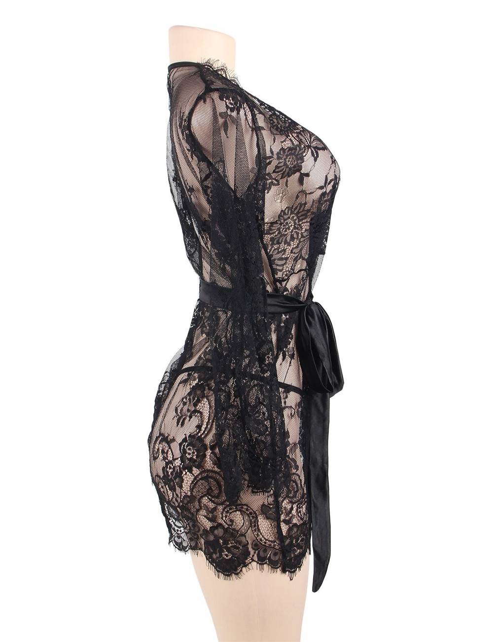 Black Eyelash Lace Cardigan Gown – Raw Lace Trim, Removable Satin Waistband & Short Robe - TeaseFashion