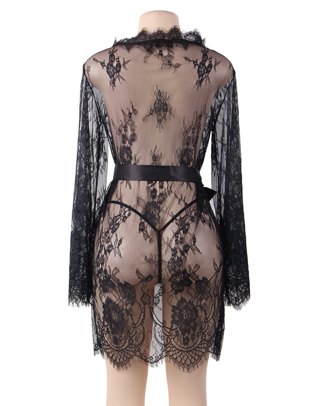 Black Eyelash Lace Chemise – Wavy Lace Button Placket, Wide Sleeves, Faux Silk Waistband & Thong - TeaseFashion
