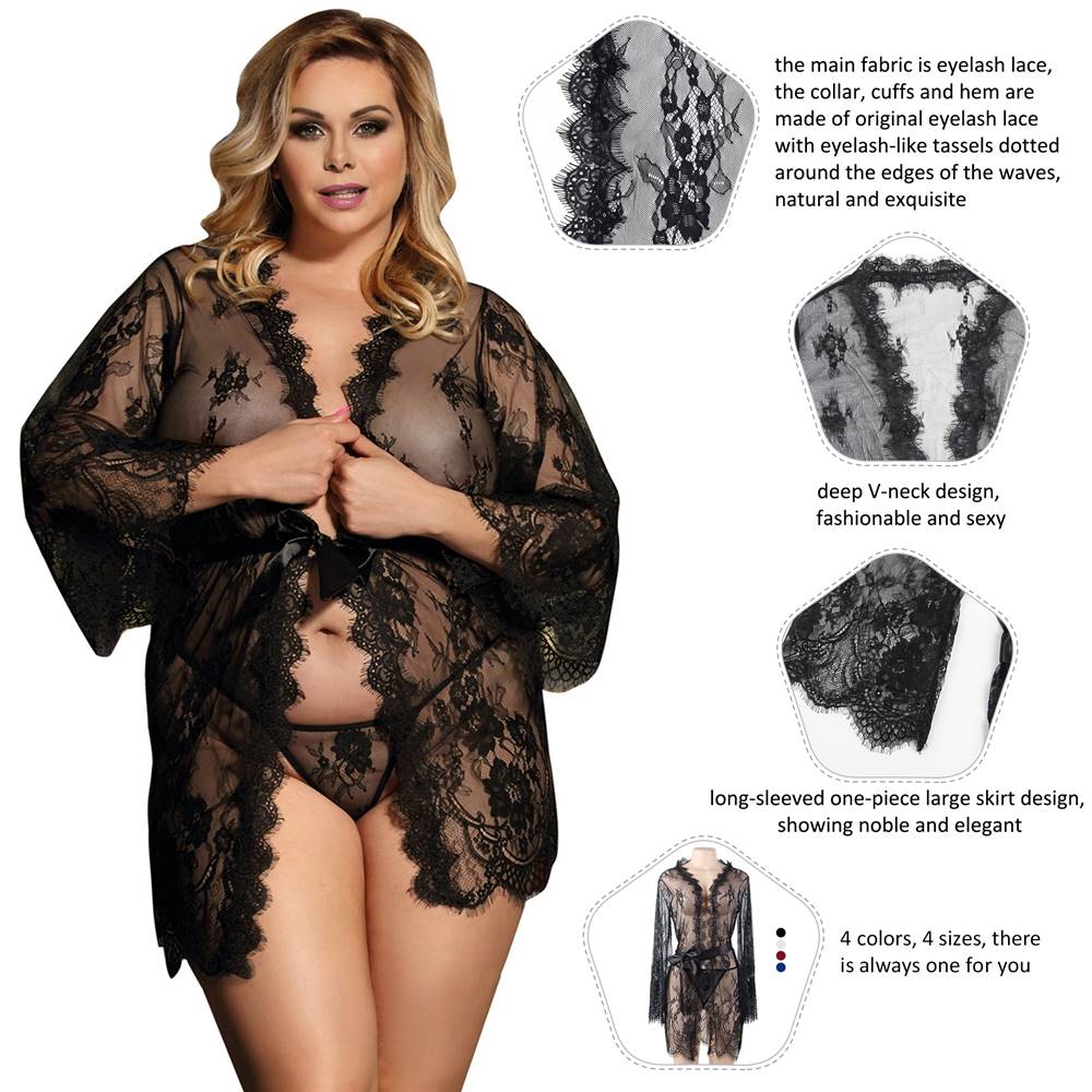 Black Eyelash Lace Chemise – Wavy Lace Button Placket, Wide Sleeves, Faux Silk Waistband & Thong - TeaseFashion