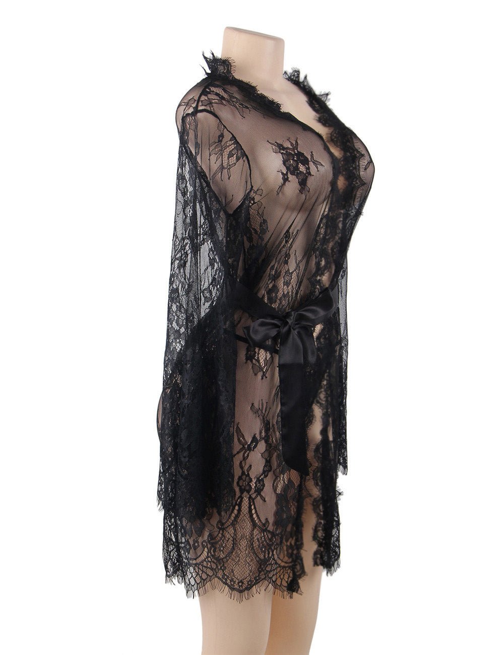 Black Eyelash Lace Chemise – Wavy Lace Button Placket, Wide Sleeves, Faux Silk Waistband & Thong - TeaseFashion
