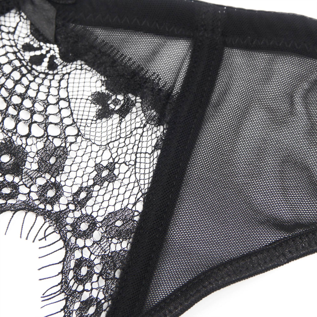 Black Eyelash Lace Garter Belt Set with Soft Boning, Bow & Button Closure - TeaseFashion