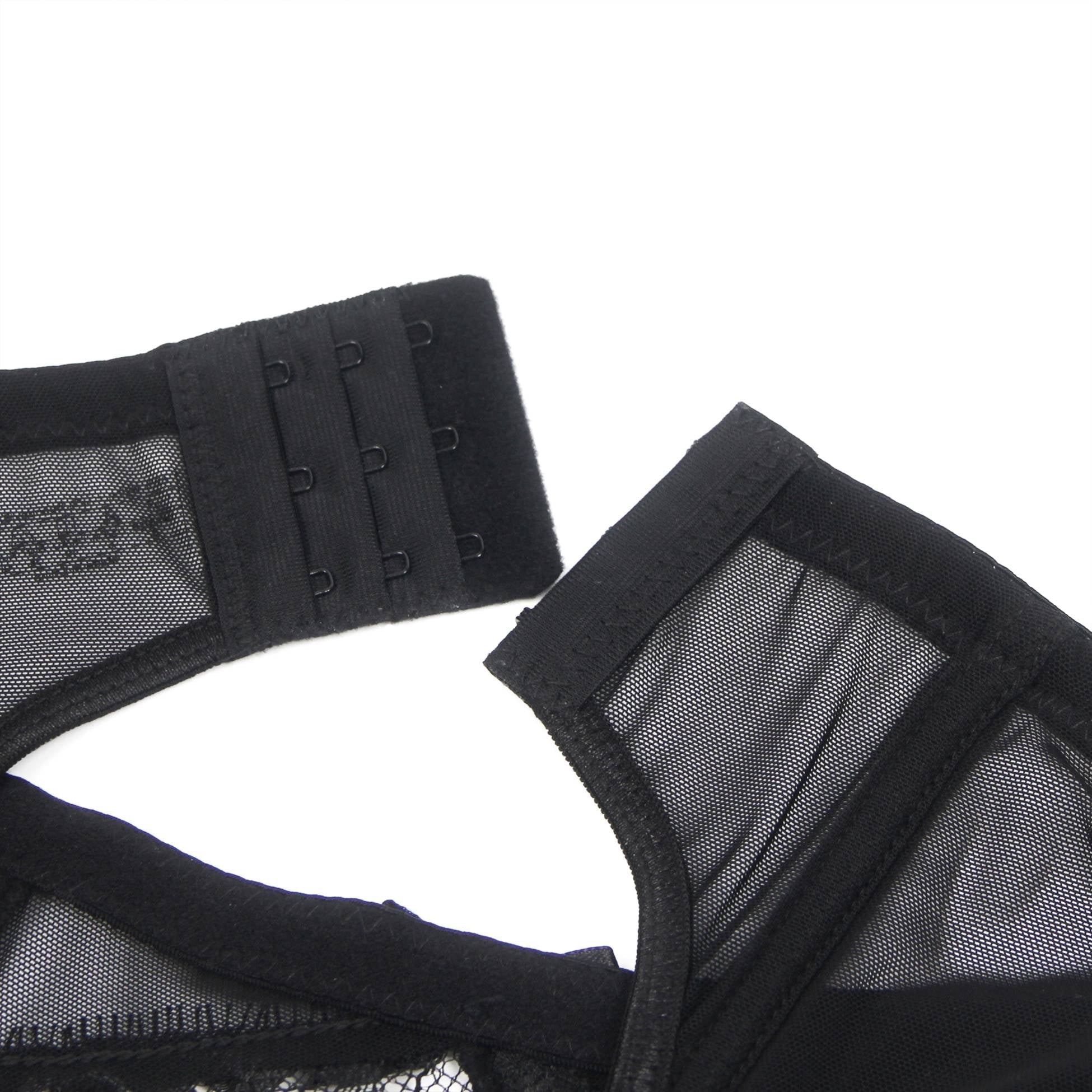 Black Eyelash Lace Garter Belt Set with Soft Boning, Bow & Button Closure - TeaseFashion