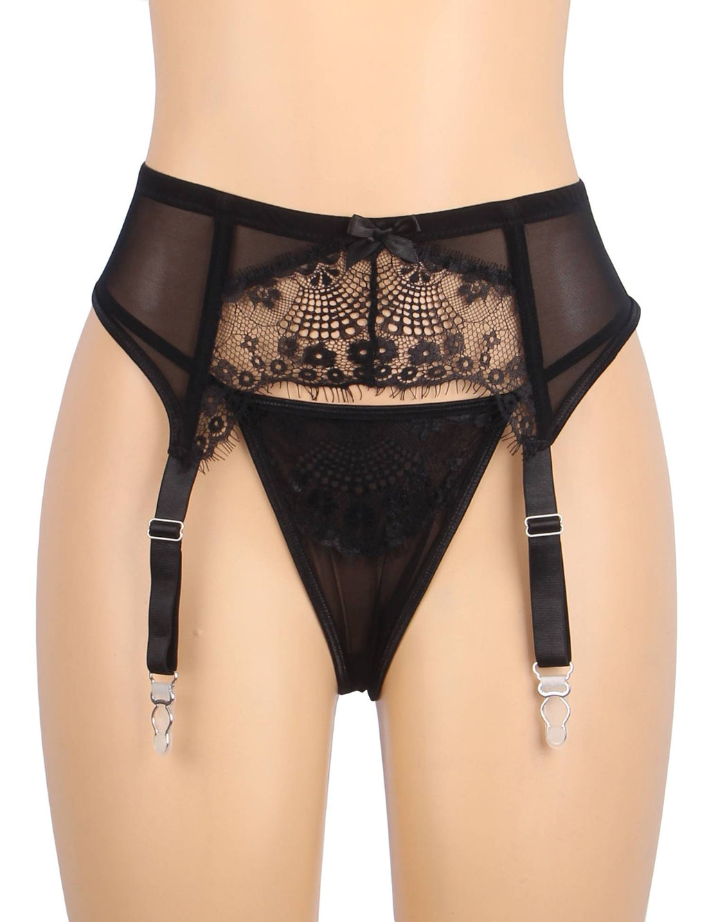 Black Eyelash Lace Garter Belt Set with Soft Boning, Bow & Button Closure - TeaseFashion