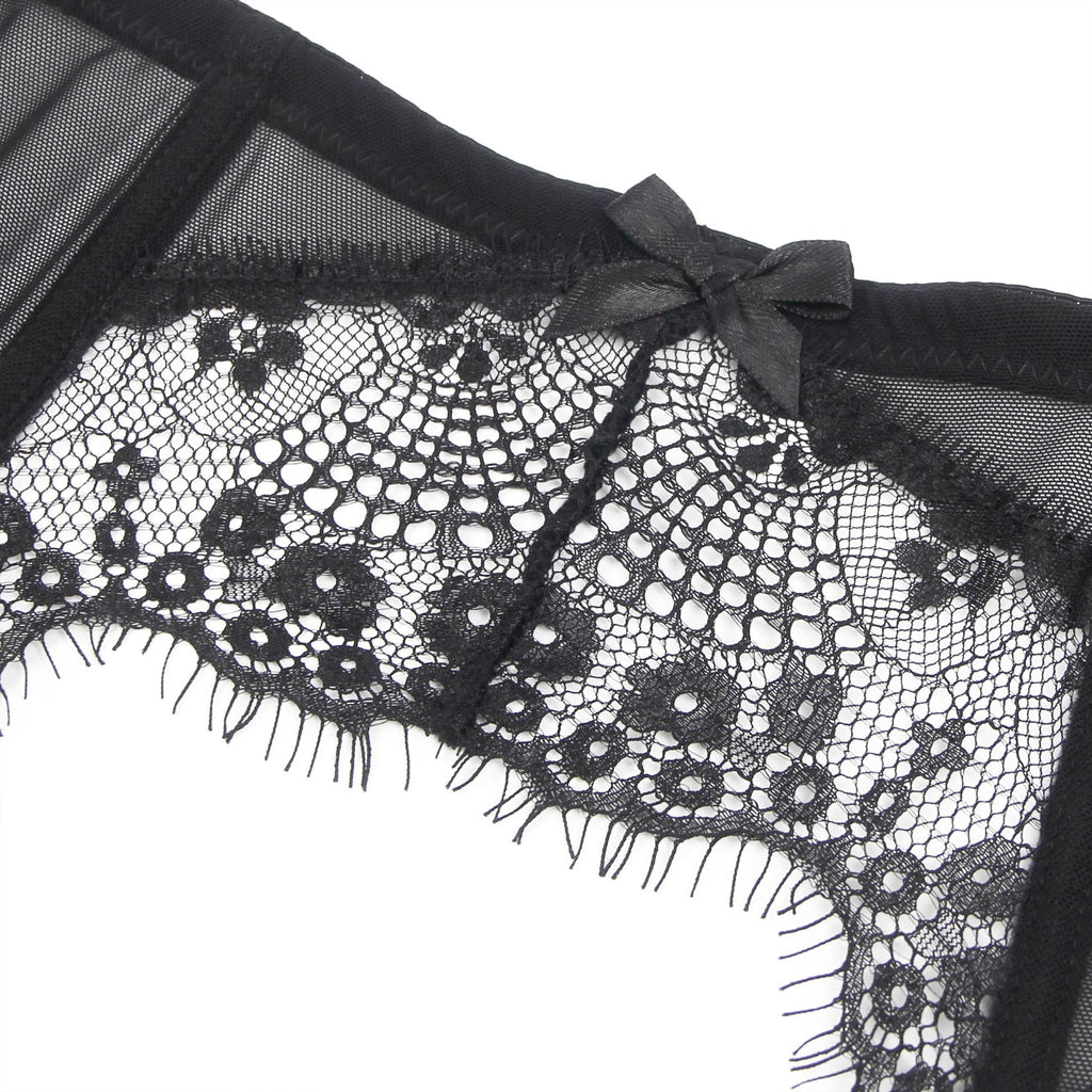 Black Eyelash Lace Garter Belt Set with Soft Boning, Bow & Button Closure - TeaseFashion