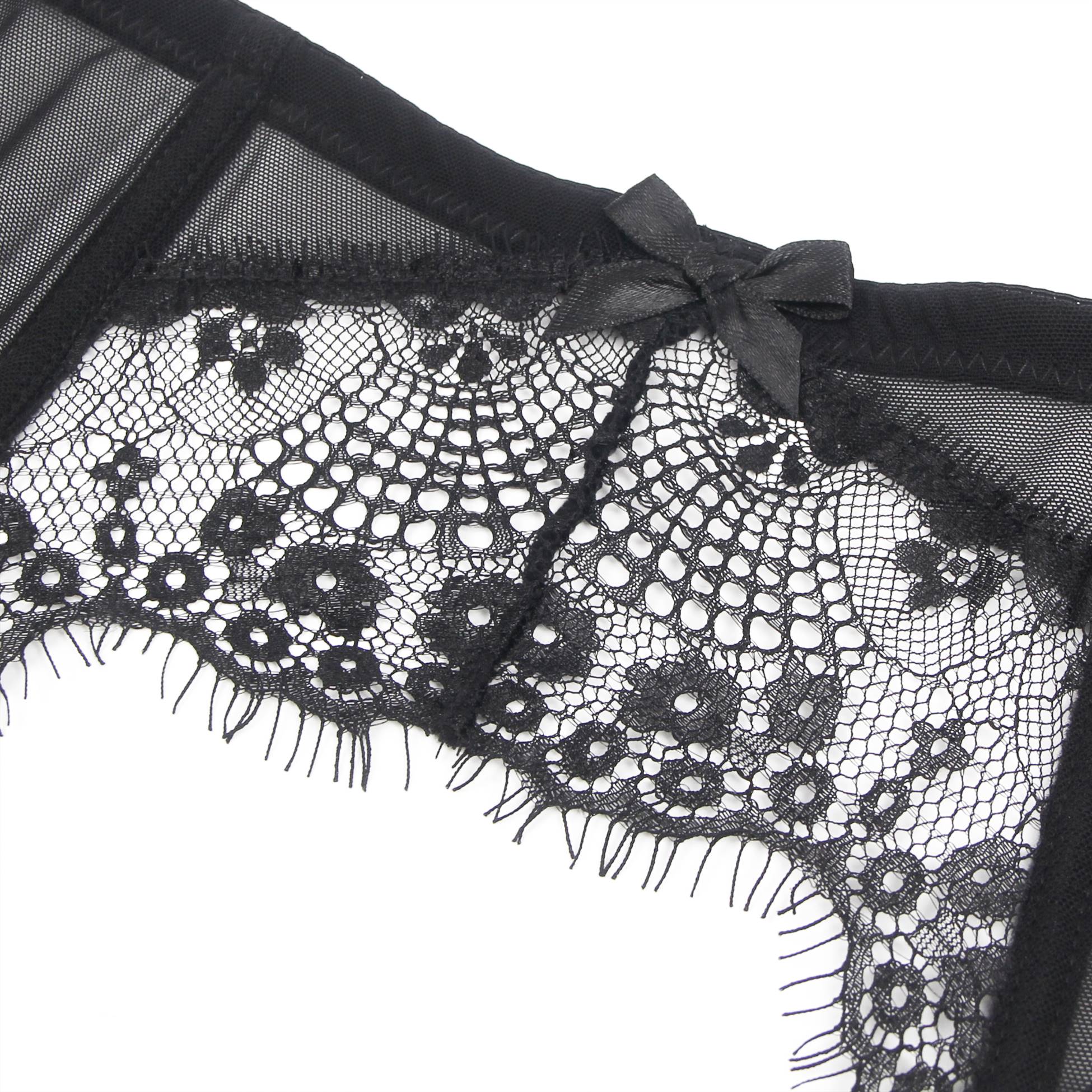 Black Eyelash Lace Garter Belt Set with Soft Boning, Bow & Button Closure - TeaseFashion