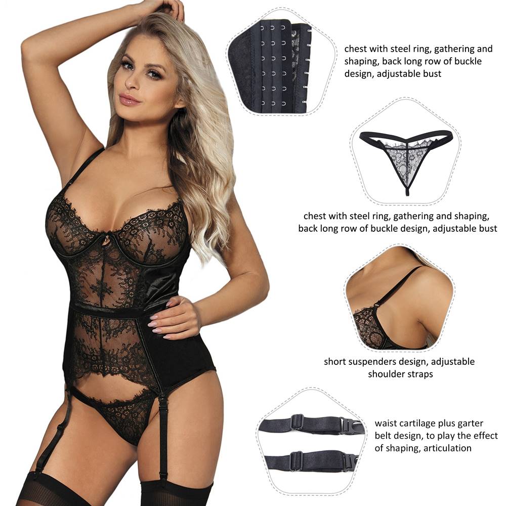 Black Eyelash Lace Garter Lingerie Set – Underwire Cups, Soft Boning Waist, Garter Straps & Thigh - High Stockings Included - TeaseFashion
