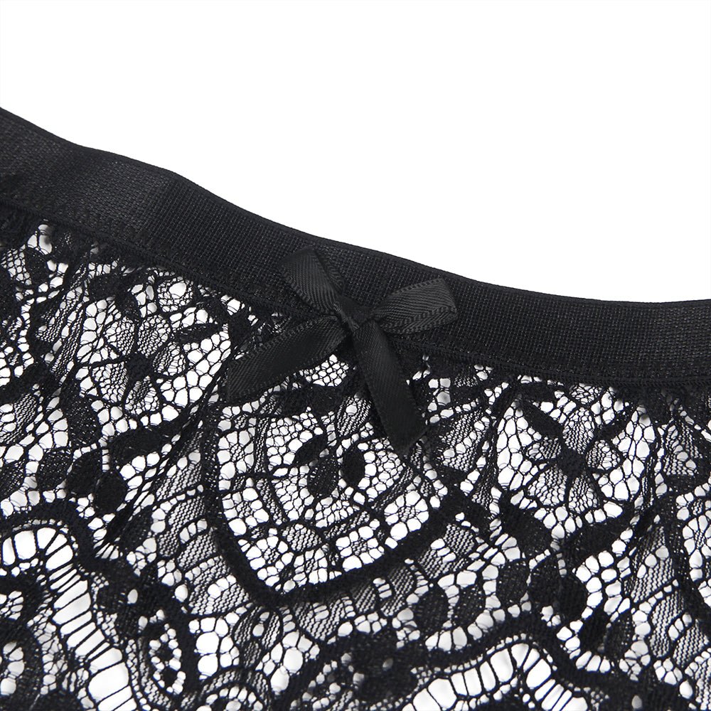 Black Eyelash Lace High - Waist Garter Panty with Back Snap & Wide Straps - TeaseFashion