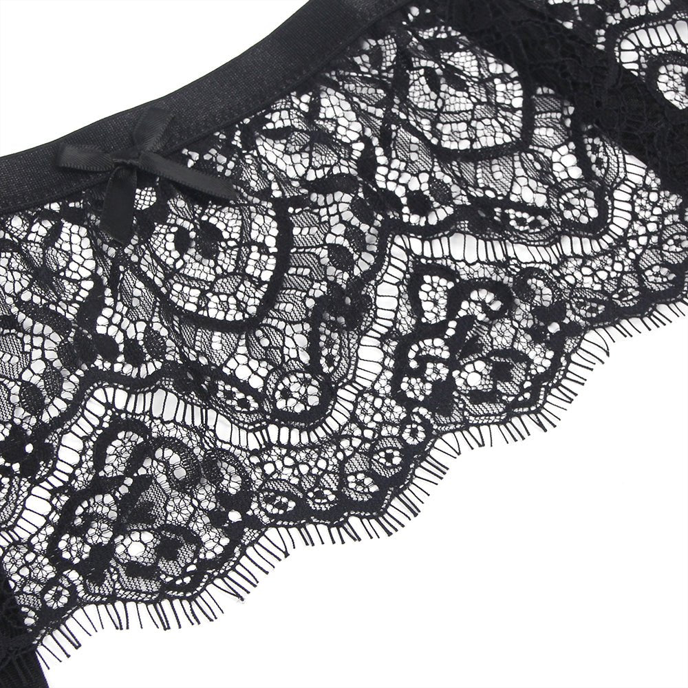 Black Eyelash Lace High - Waist Garter Panty with Back Snap & Wide Straps - TeaseFashion