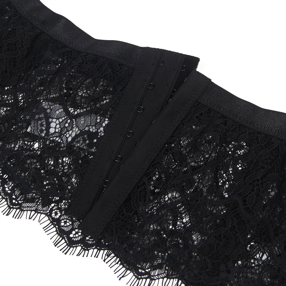 Black Eyelash Lace High - Waist Garter Panty with Back Snap & Wide Straps - TeaseFashion