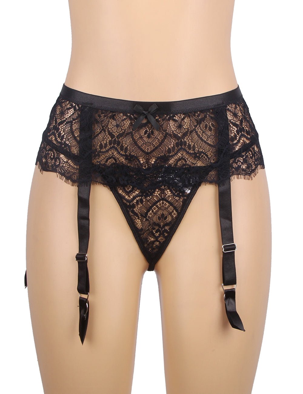 Black Eyelash Lace High - Waist Garter Panty with Back Snap & Wide Straps - TeaseFashion