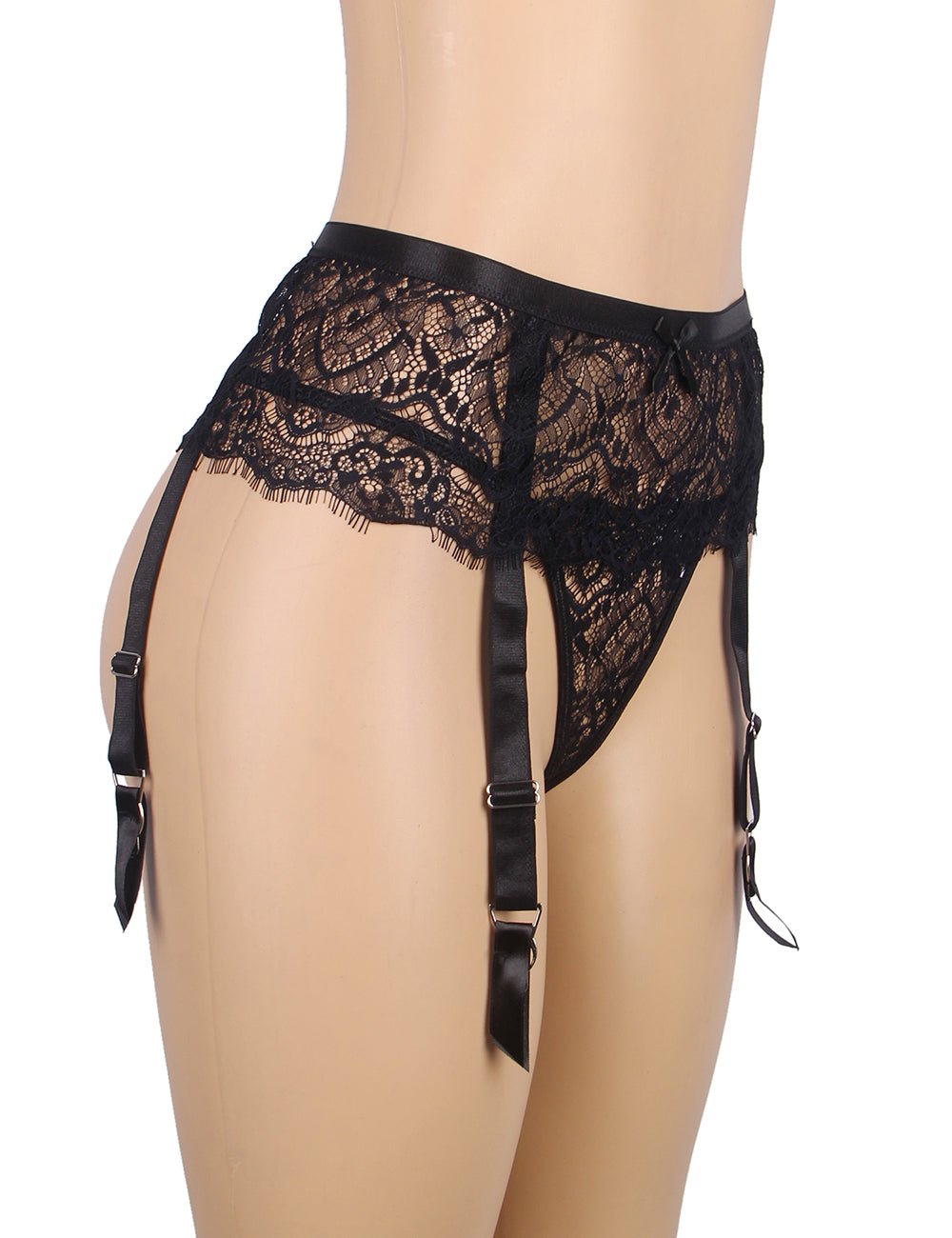 Black Eyelash Lace High - Waist Garter Panty with Back Snap & Wide Straps - TeaseFashion
