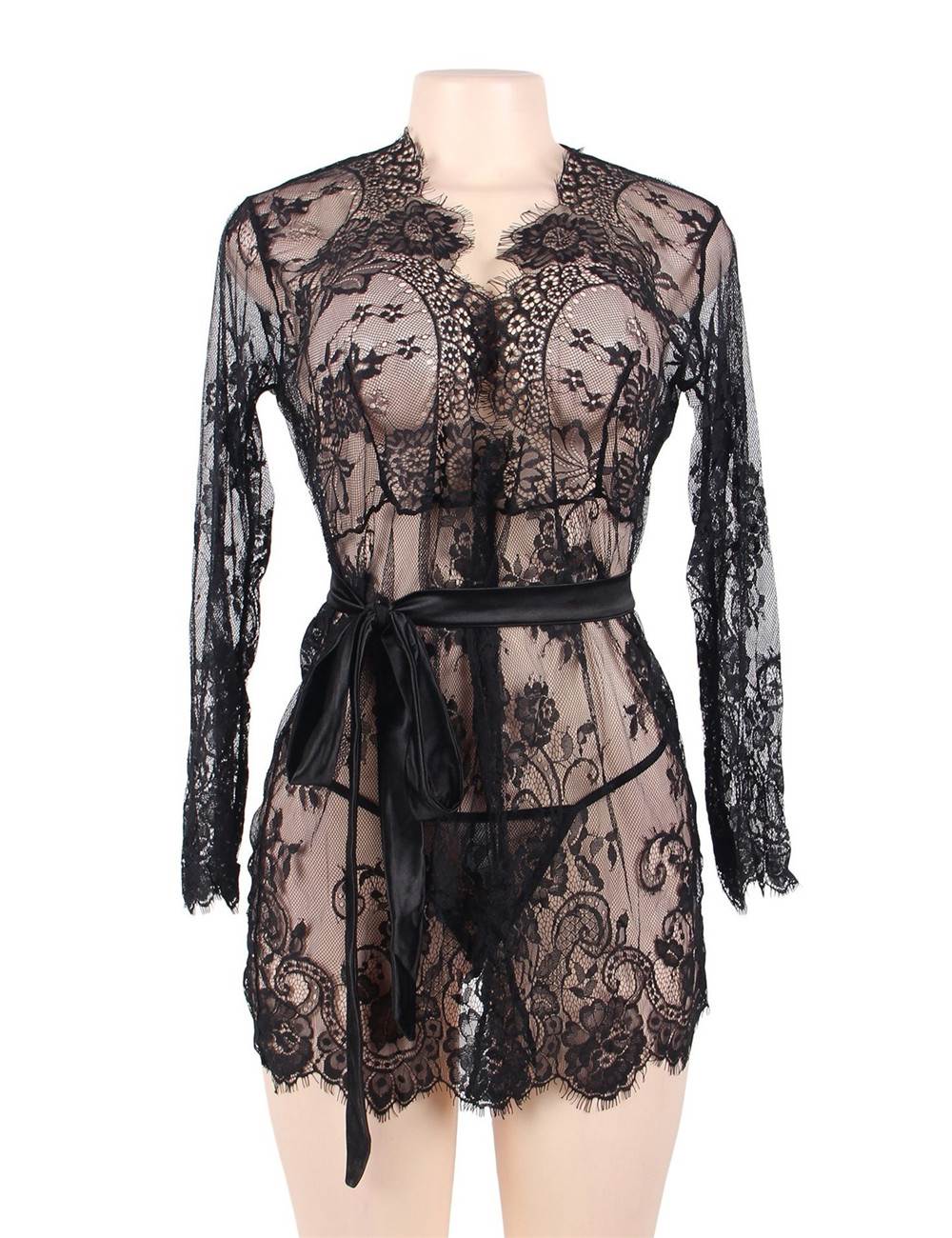 Black Eyelash Lace Long Sleeve Cardigan Robe – Raw Lace Trim, Silk - Like Waistband & Matching Thong - TeaseFashion