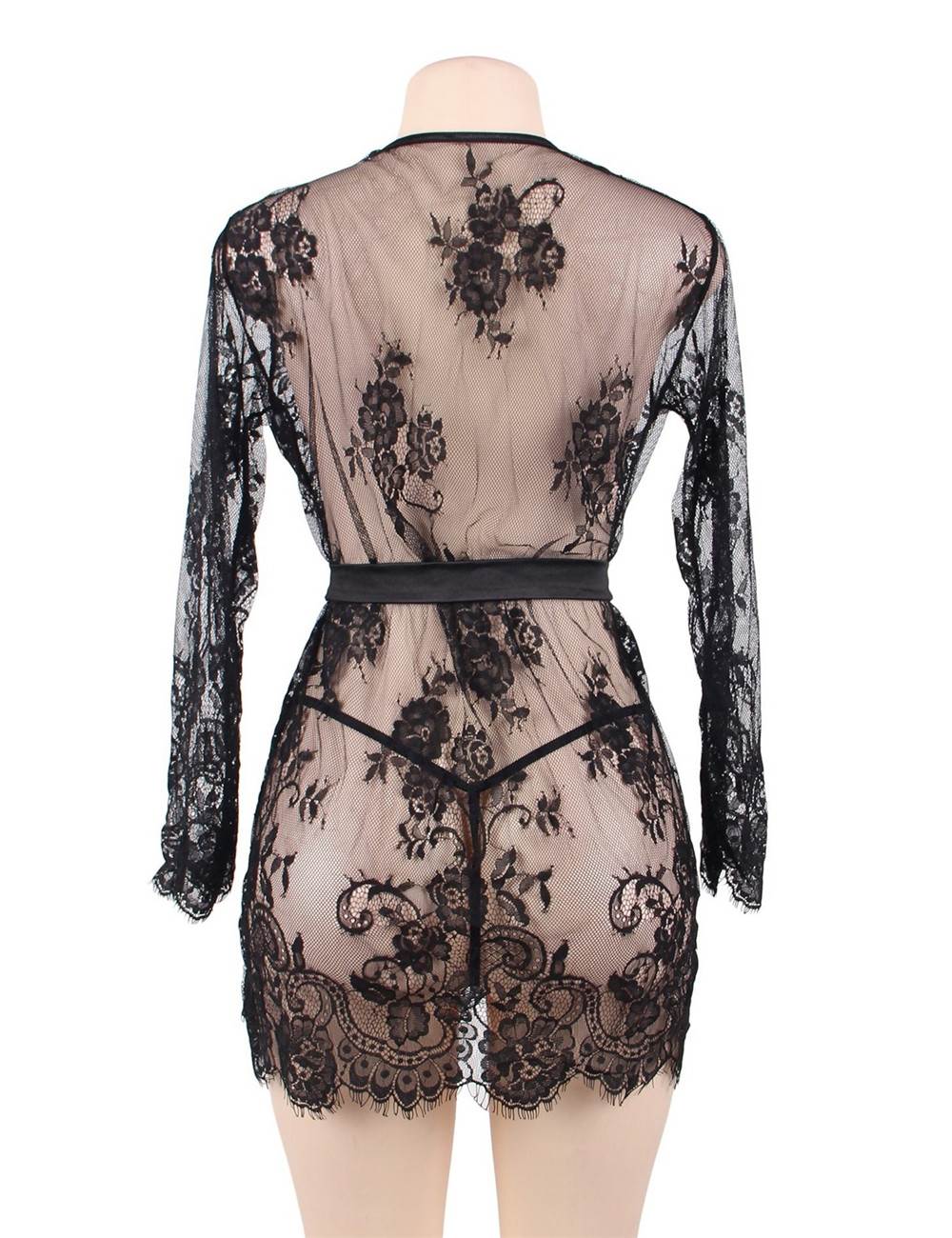 Black Eyelash Lace Long Sleeve Cardigan Robe – Raw Lace Trim, Silk - Like Waistband & Matching Thong - TeaseFashion