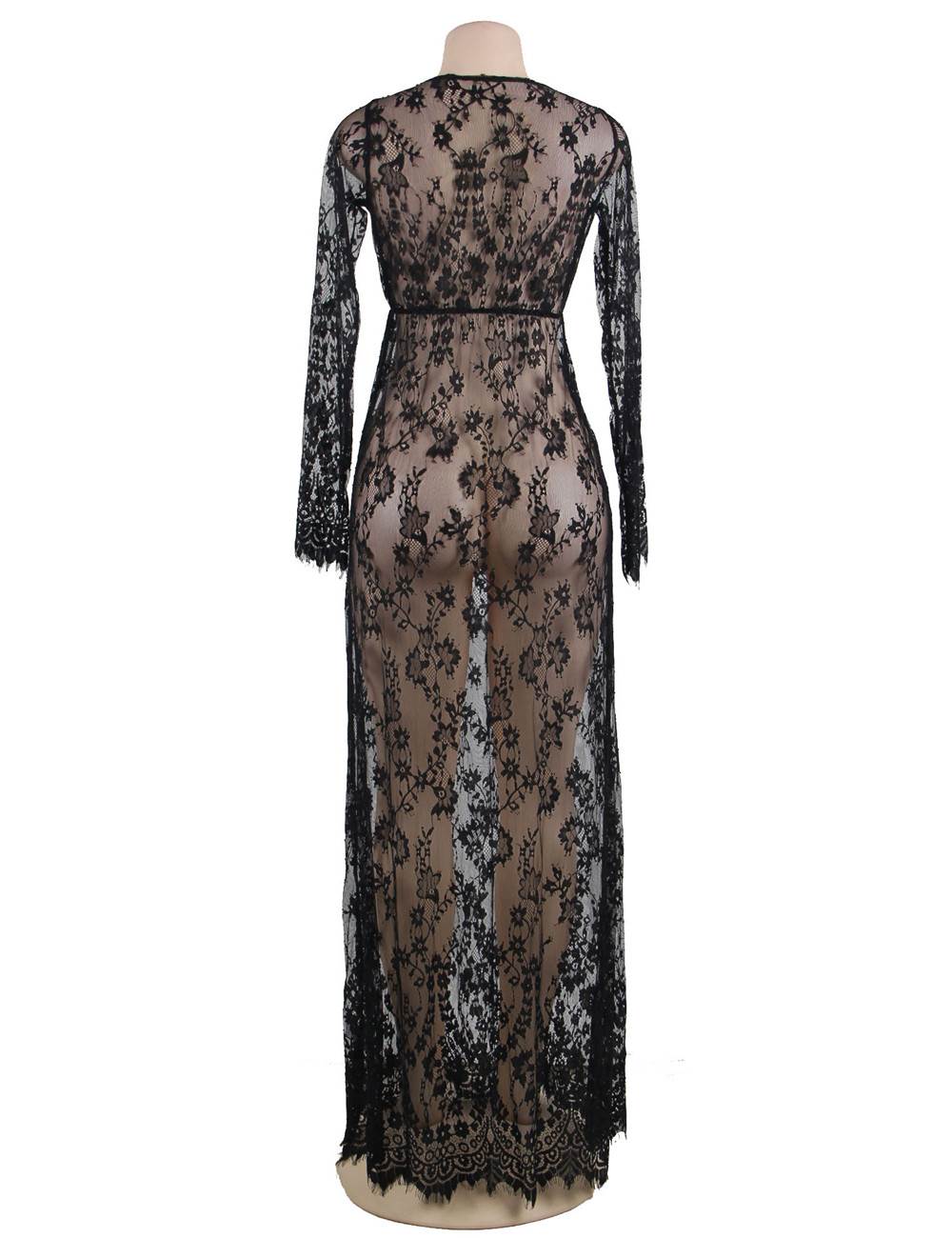 Black Eyelash Lace Maxi Nightdress – Deep V, Tassel Trim & Thong - TeaseFashion