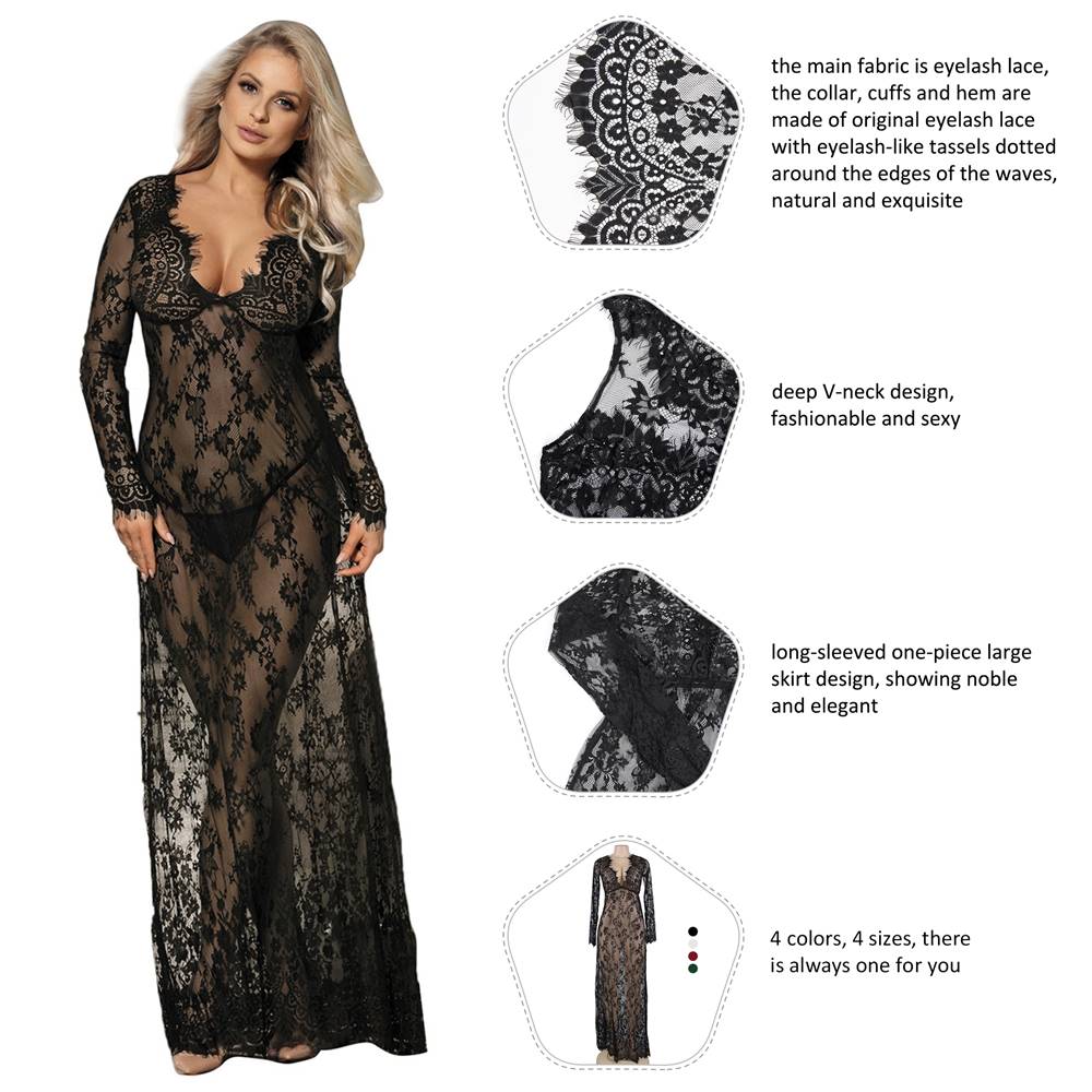 Black Eyelash Lace Maxi Nightdress – Deep V, Tassel Trim & Thong - TeaseFashion