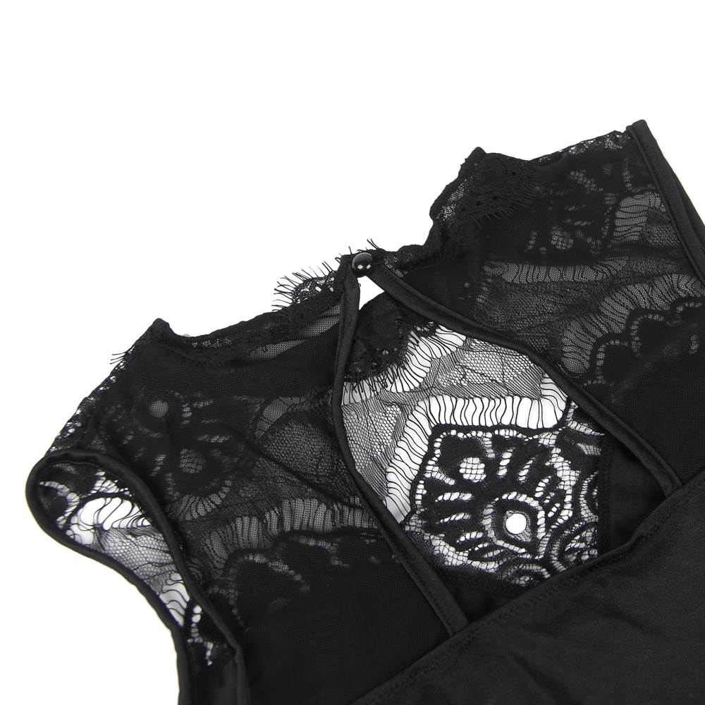 Black Eyelash Lace & Mesh Sleeveless Bodysuit – Double - Layer Chest, Sheer Back & Hook - and - Eye Crotch - TeaseFashion
