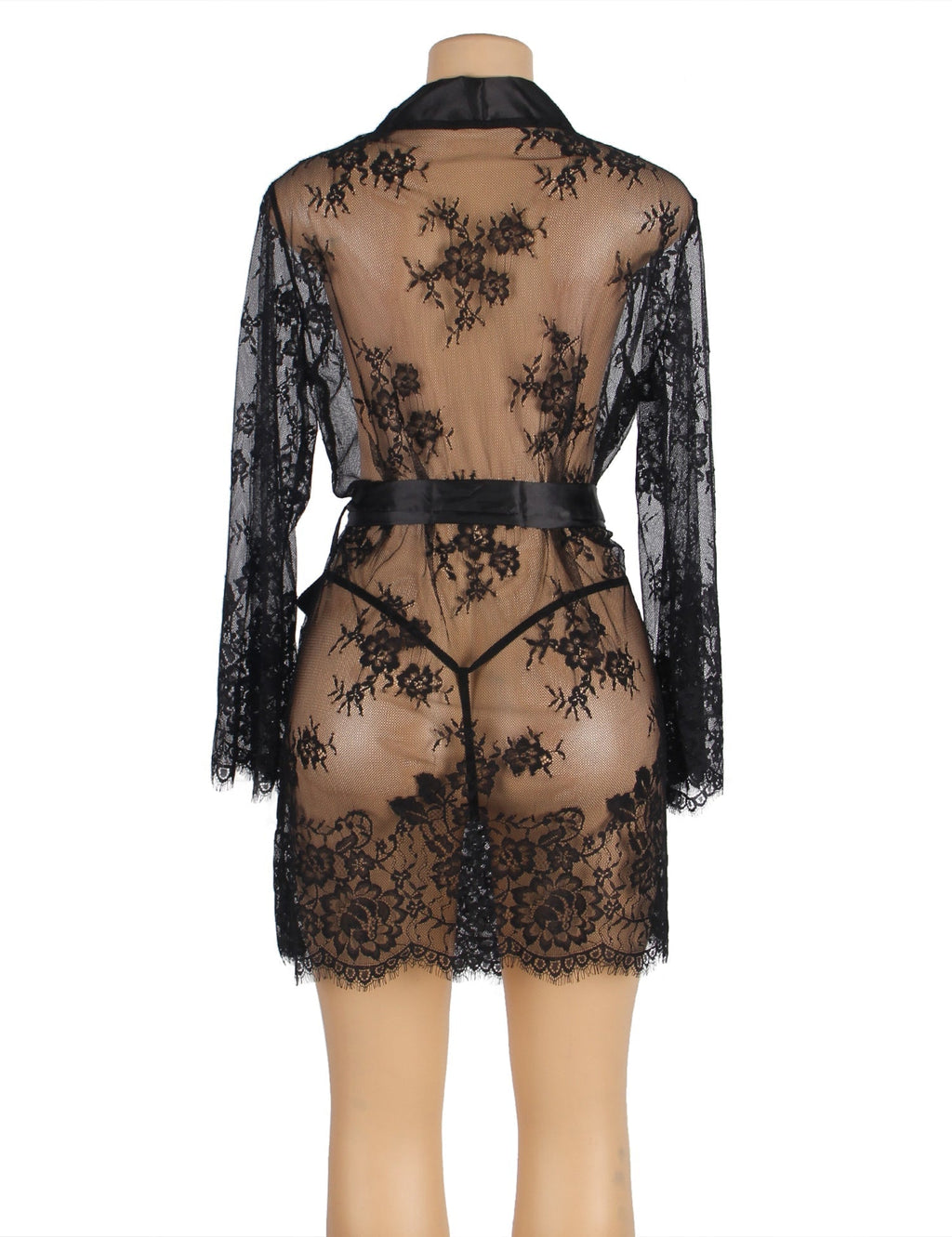 Black Eyelash Lace Open - Front Robe – Satin Placket, Long Sleeves, Satin Belt & Thong Set - TeaseFashion