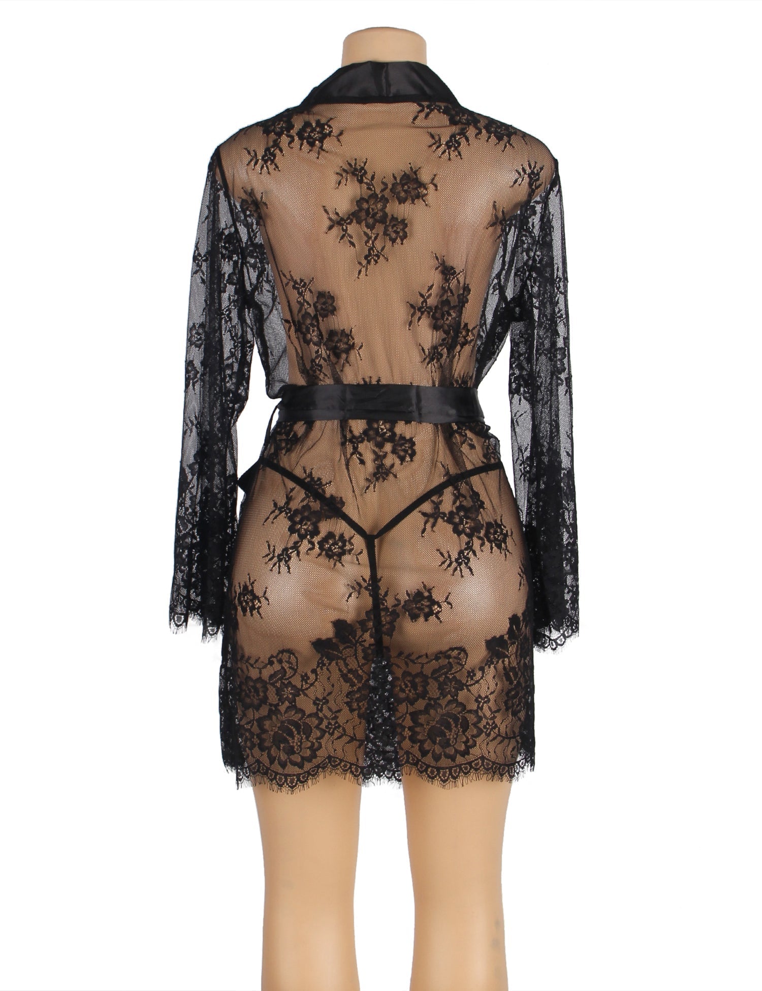 Black Eyelash Lace Open - Front Robe – Satin Placket, Long Sleeves, Satin Belt & Thong Set - TeaseFashion