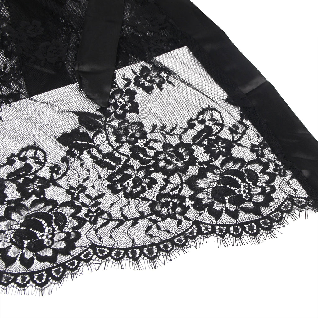 Black Eyelash Lace Open - Front Robe – Satin Placket, Long Sleeves, Satin Belt & Thong Set - TeaseFashion